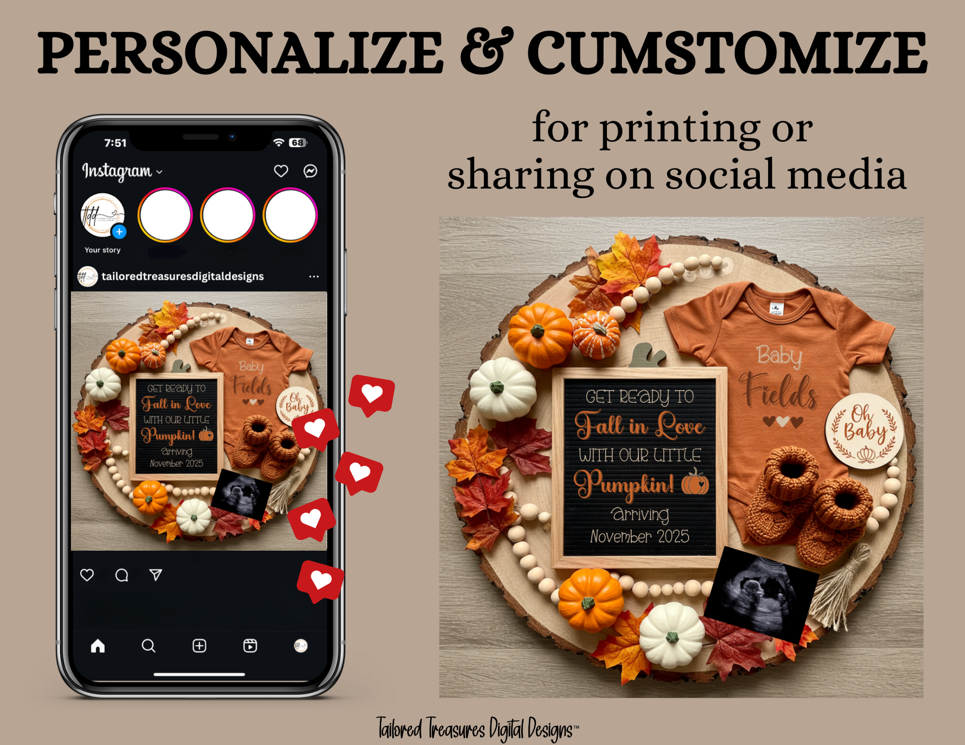 Digital Pregnancy Announcement, Fall In Love, Customizable Fall Themed, Personalized Editable Template TailoredTreasuresDigitalDesigns™