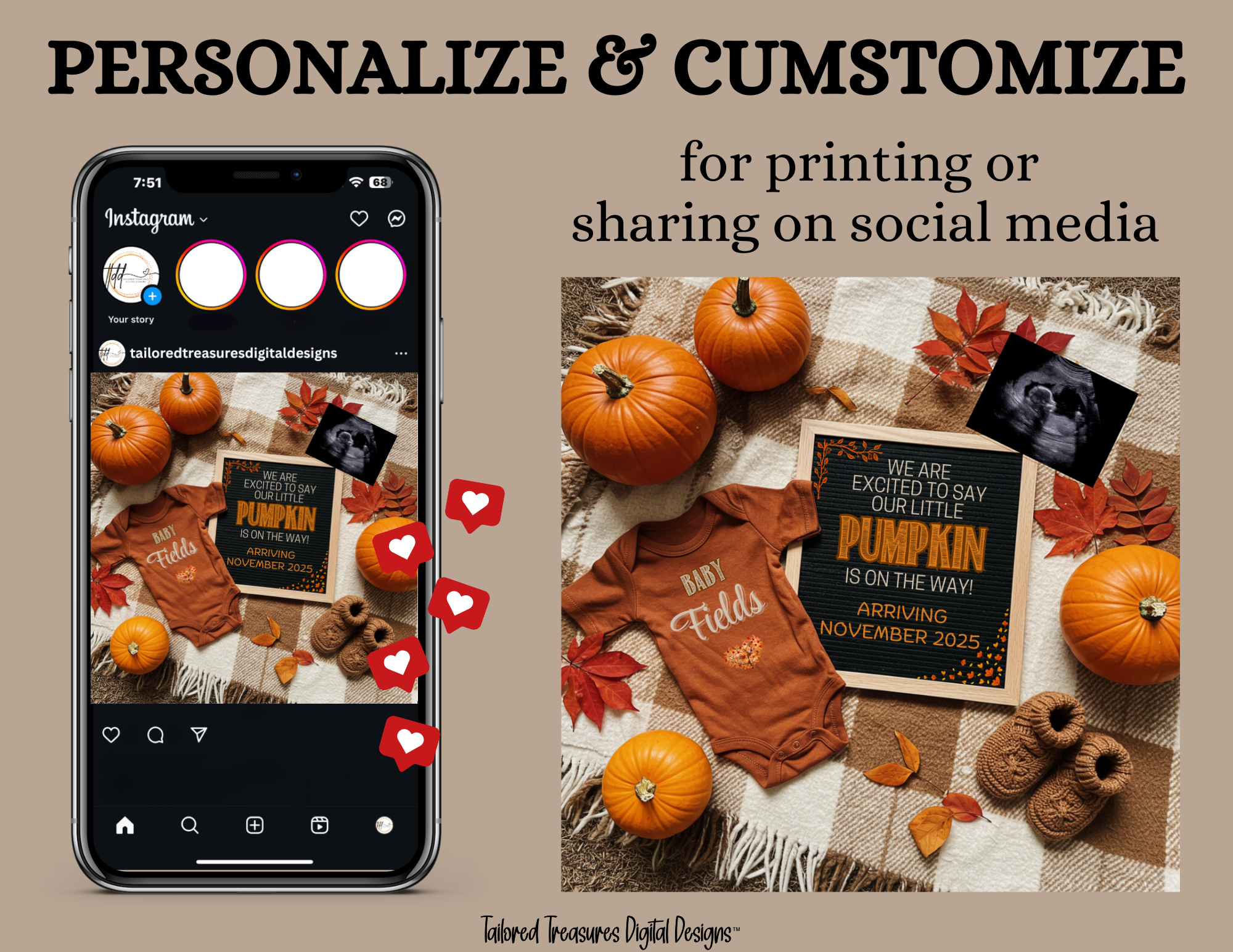 Digital Pregnancy Announcement, Adding A Pumpkin Reveal, Customizable Fall Themed, Personalized Editable Template TailoredTreasuresDigitalDesigns™