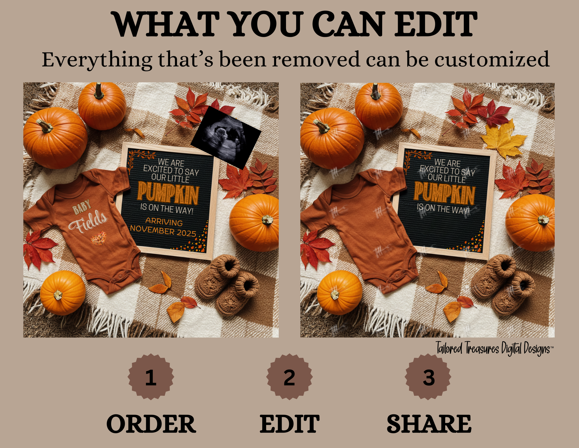 Digital Pregnancy Announcement, Adding A Pumpkin Reveal, Customizable Fall Themed, Personalized Editable Template TailoredTreasuresDigitalDesigns™