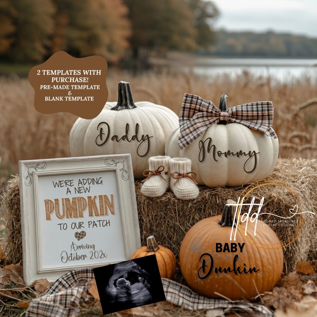 Digital Pregnancy Announcement, Adding A Pumpkin to Our Patch, Customizable Fall Themed, Personalized Editable Template TailoredTreasuresDigitalDesigns™