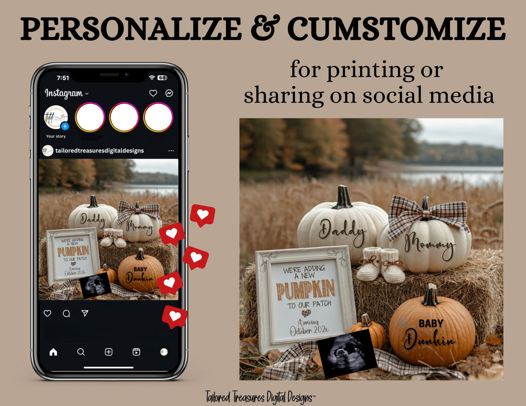 Digital Pregnancy Announcement, Adding A Pumpkin to Our Patch, Customizable Fall Themed, Personalized Editable Template TailoredTreasuresDigitalDesigns™