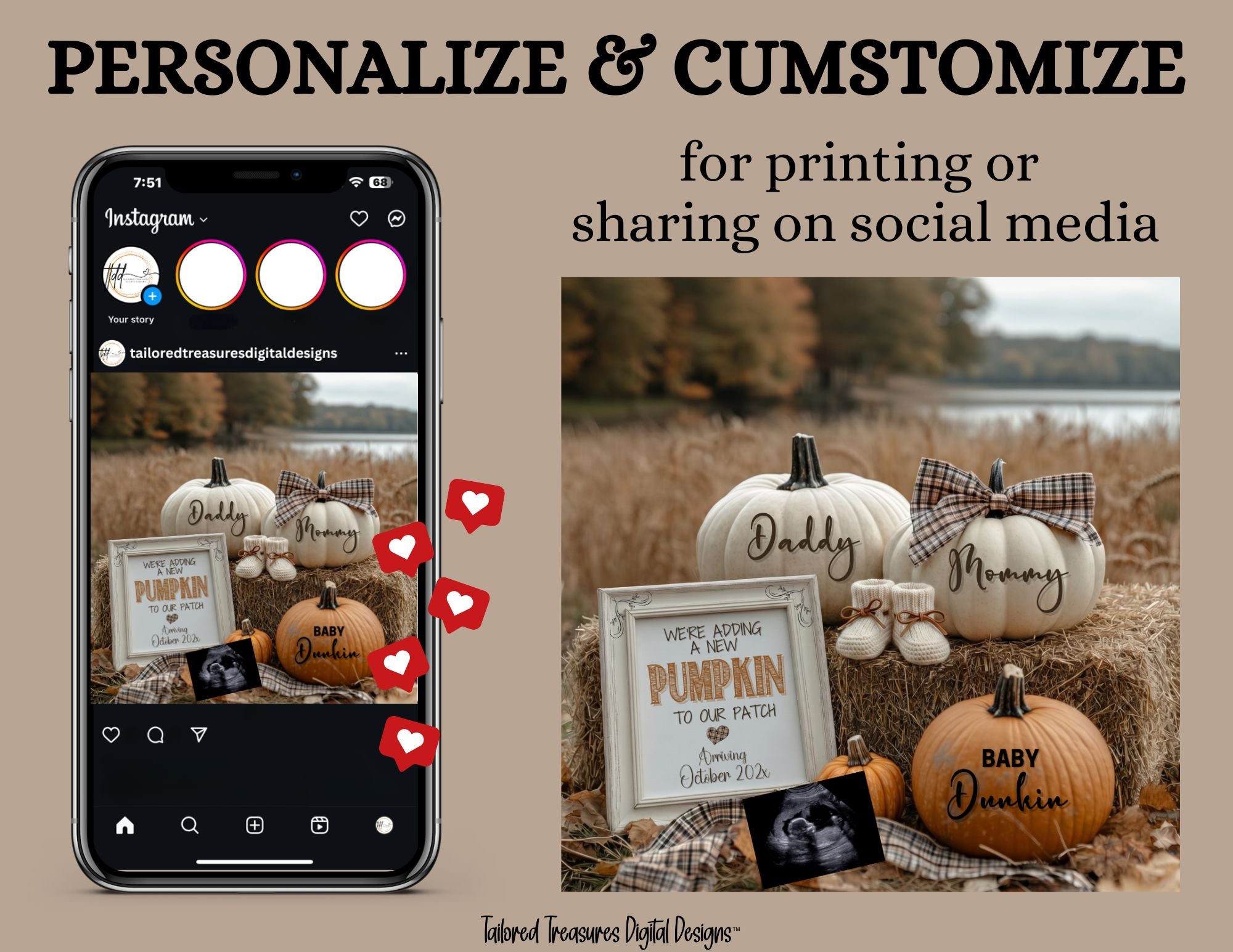 Digital Pregnancy Announcement, Adding A Pumpkin to Our Patch, Customizable Fall Themed, Personalized Editable Template TailoredTreasuresDigitalDesigns™
