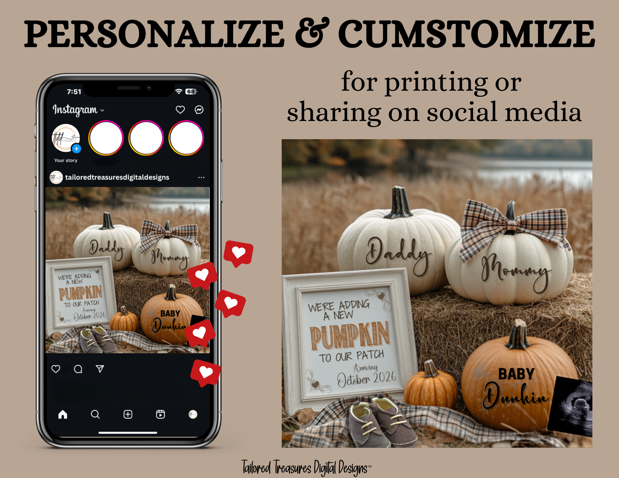 Digital Pregnancy Announcement, Adding A Pumpkin to Our Patch, Customizable Fall Themed, Personalized Editable Template TailoredTreasuresDigitalDesigns™