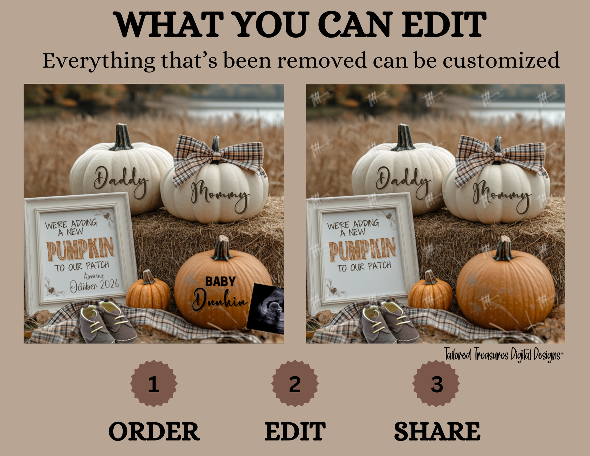 Digital Pregnancy Announcement, Adding A Pumpkin to Our Patch, Customizable Fall Themed, Personalized Editable Template TailoredTreasuresDigitalDesigns™