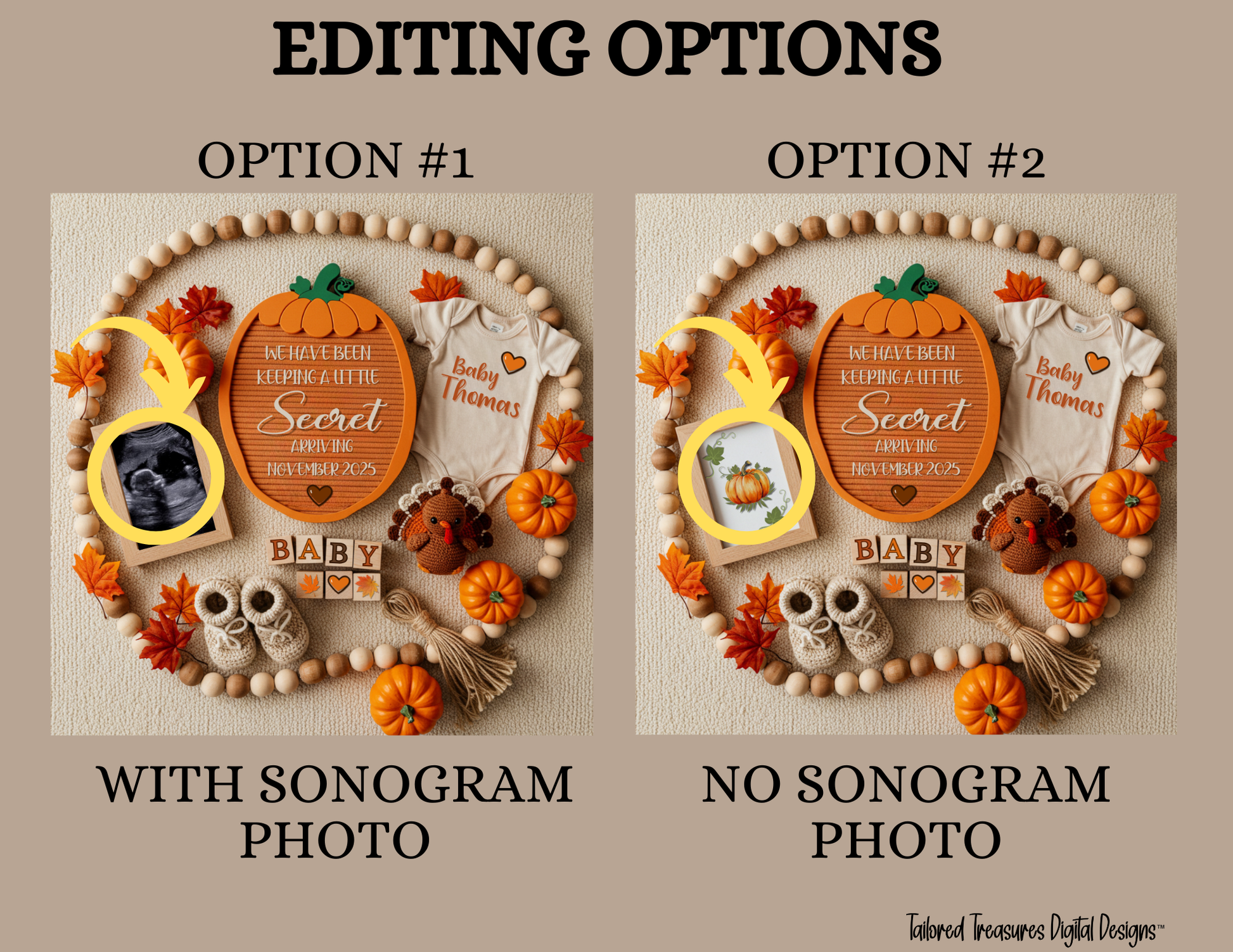Digital Pregnancy Announcement, Secret Pregnancy Reveal, Customizable Fall Themed, Personalized Editable Template TailoredTreasuresDigitalDesigns™