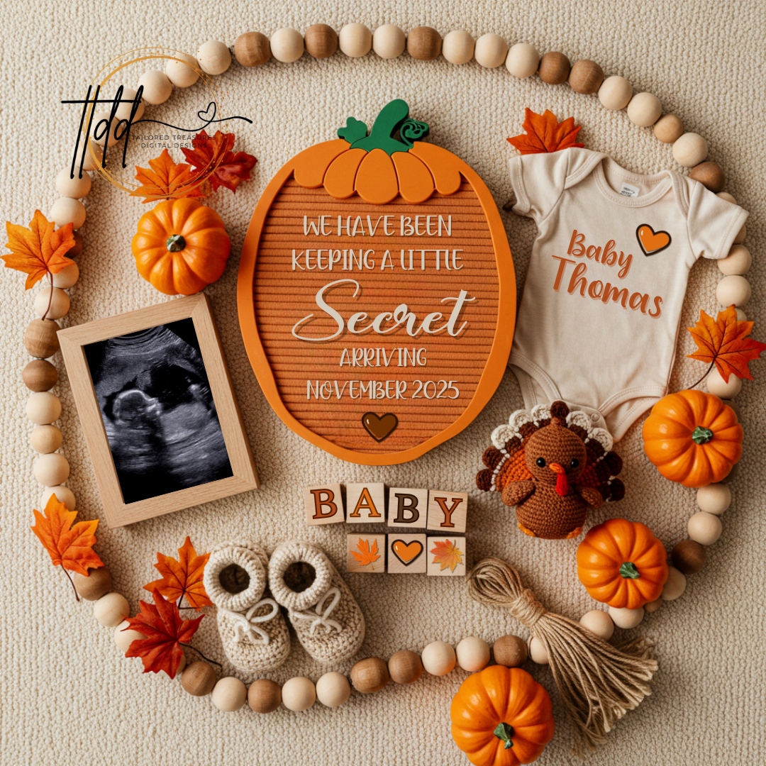 Digital Pregnancy Announcement, Secret Pregnancy Reveal, Customizable Fall Themed, Personalized Editable Template TailoredTreasuresDigitalDesigns™
