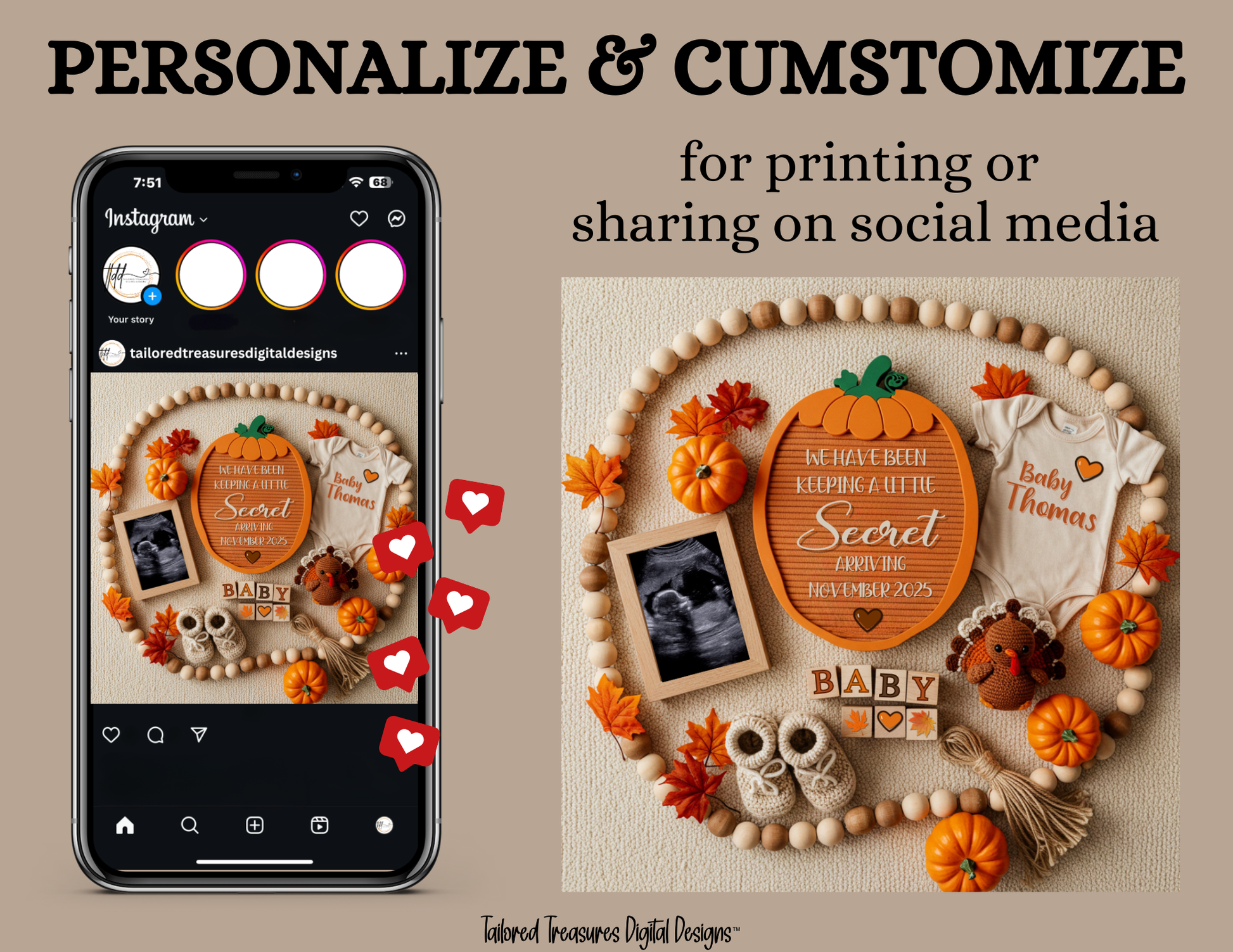 Digital Pregnancy Announcement, Secret Pregnancy Reveal, Customizable Fall Themed, Personalized Editable Template TailoredTreasuresDigitalDesigns™