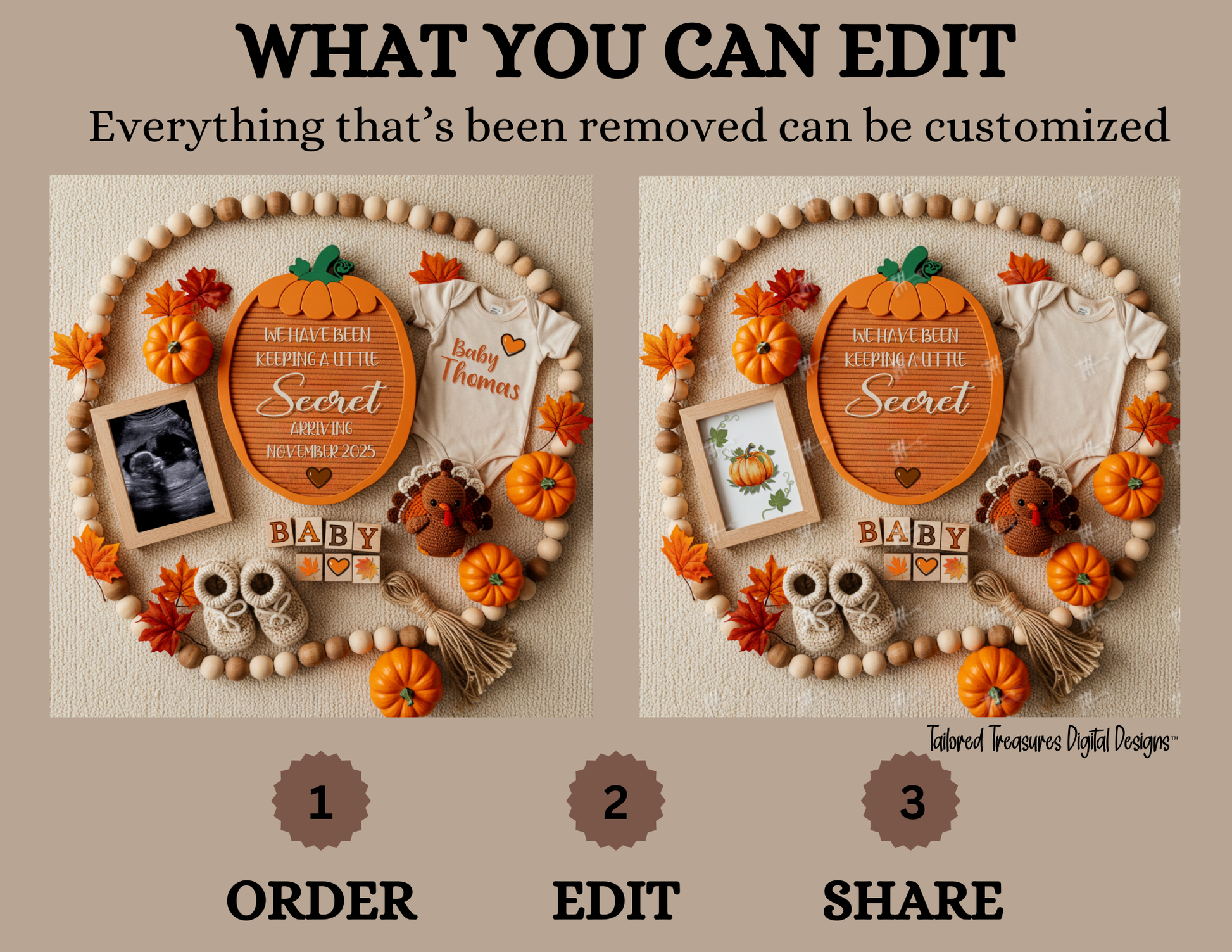 Digital Pregnancy Announcement, Secret Pregnancy Reveal, Customizable Fall Themed, Personalized Editable Template TailoredTreasuresDigitalDesigns™