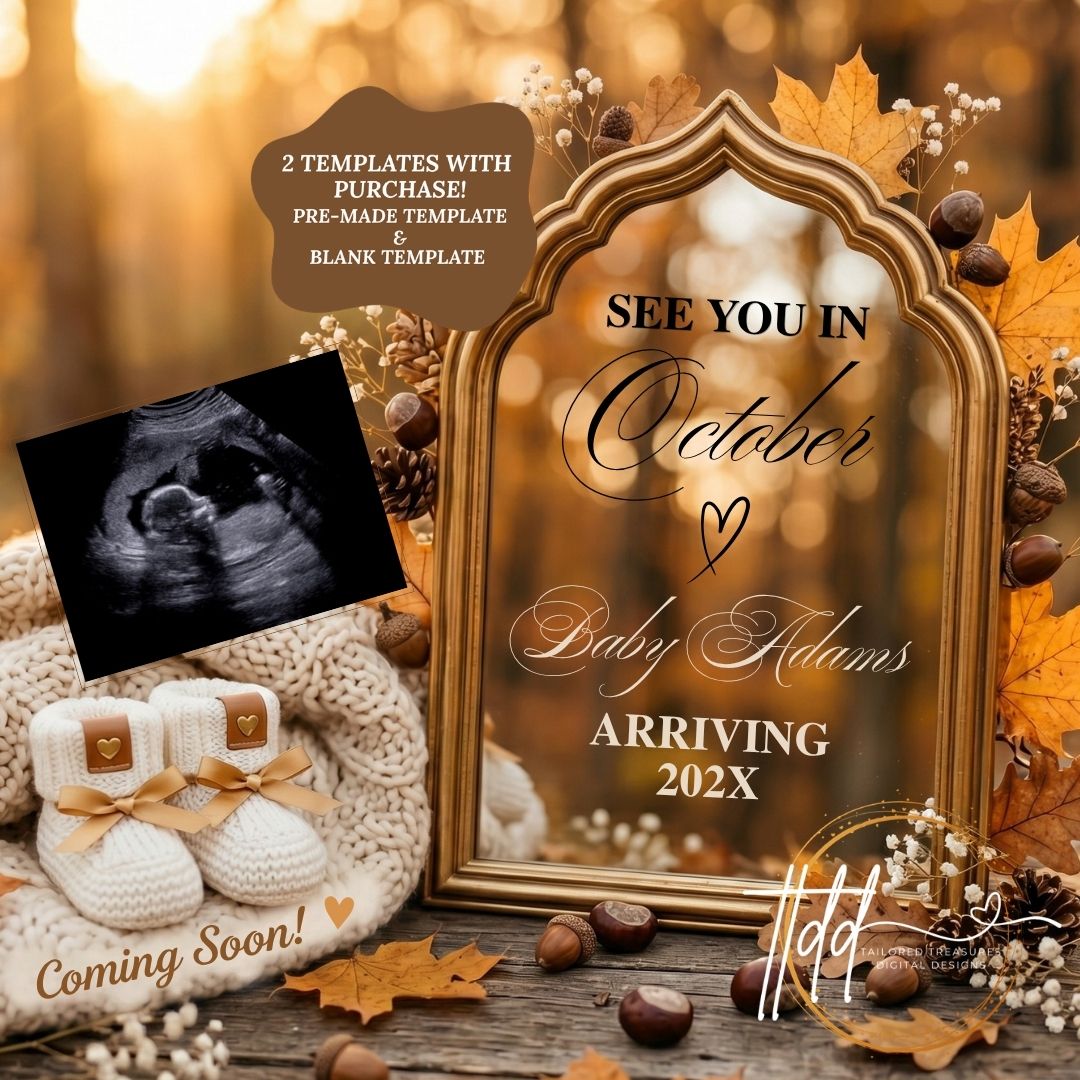 Fall Mirror Baby Reveal - Gender Neutral Pregnancy Announcement - Fully Editable Canva Template TailoredTreasuresDigitalDesigns™
