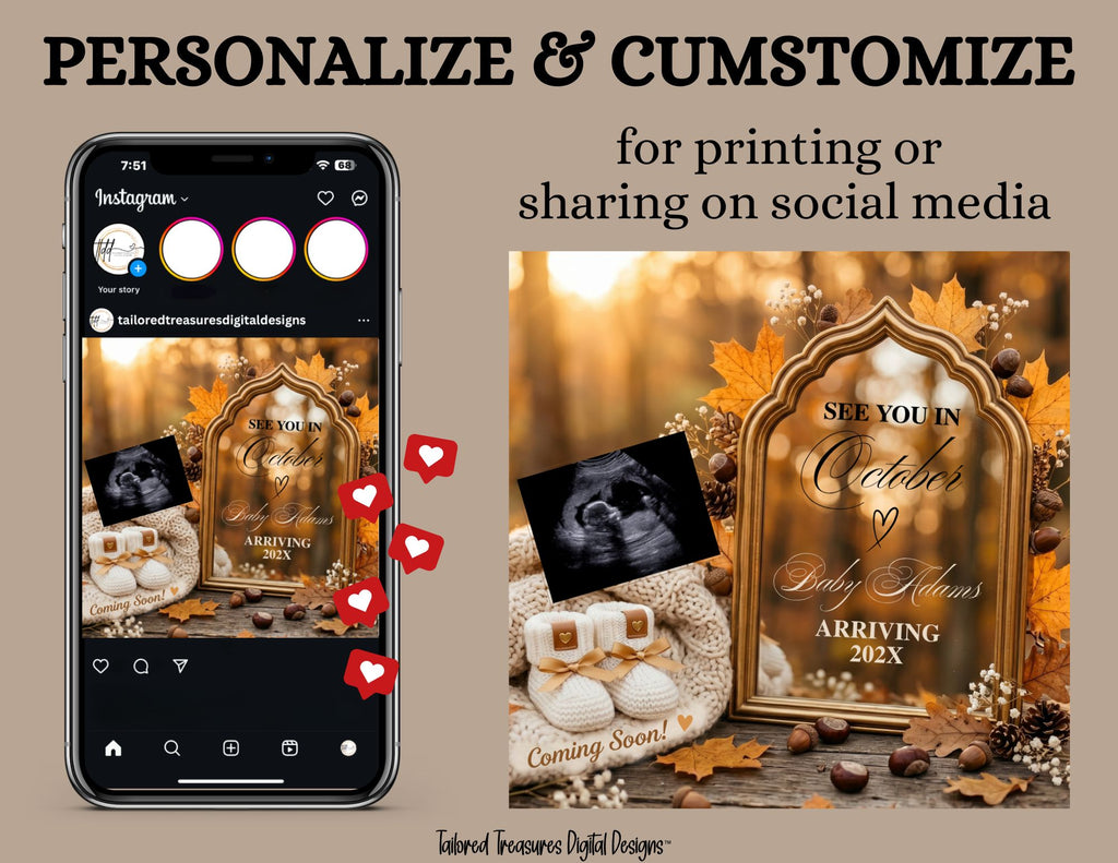 Fall Mirror Baby Reveal - Gender Neutral Pregnancy Announcement - Fully Editable Canva Template TailoredTreasuresDigitalDesigns™