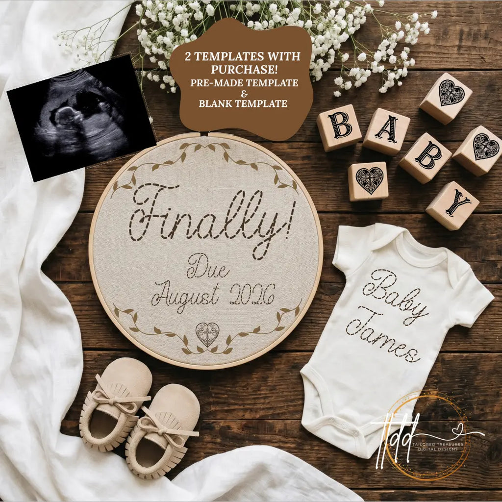 Finally!, Digital Pregnancy Announcement, Gender Neutral, Customizable Hand Embroidered Themed, Canva Instant Download Editable Template - TailoredTreasuresDigitalDesigns™