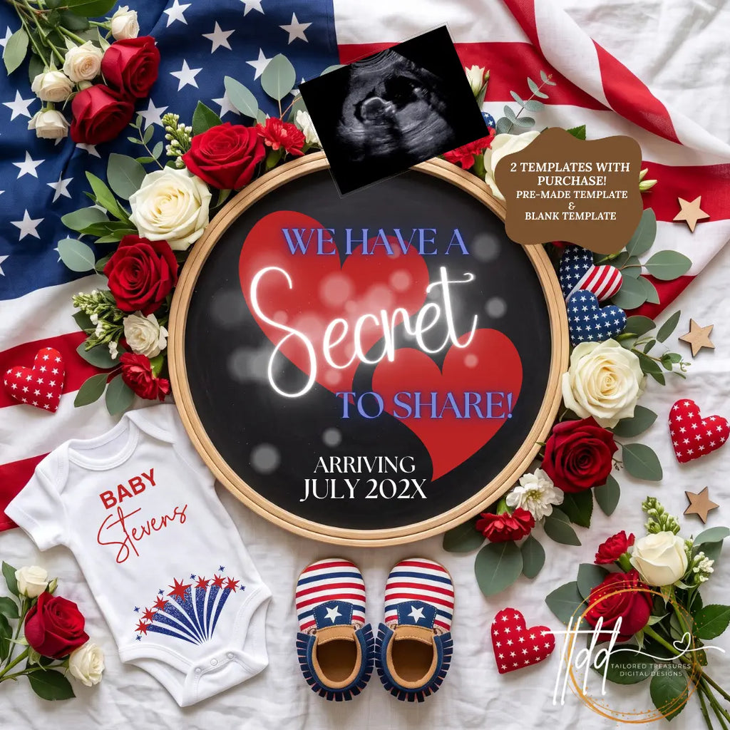 Secret to Share Fourth of July Pregnancy Announcement | Fully Editable Canva Instant Download Template TailoredTreasuresDigitalDesigns™