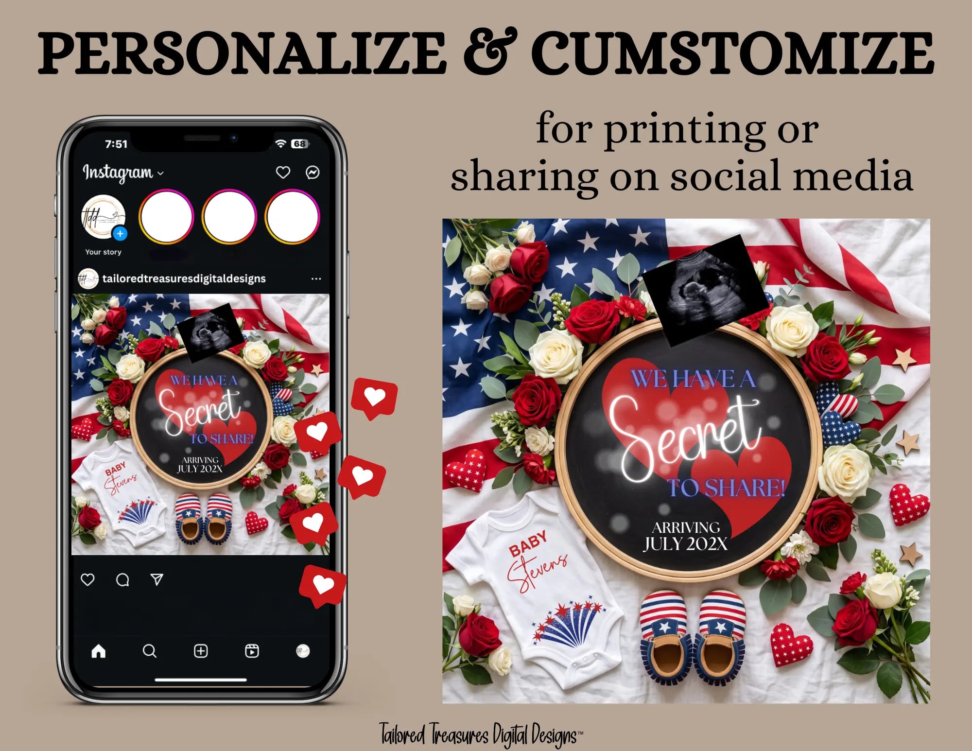 Secret to Share Fourth of July Pregnancy Announcement | Fully Editable Canva Instant Download Template TailoredTreasuresDigitalDesigns™