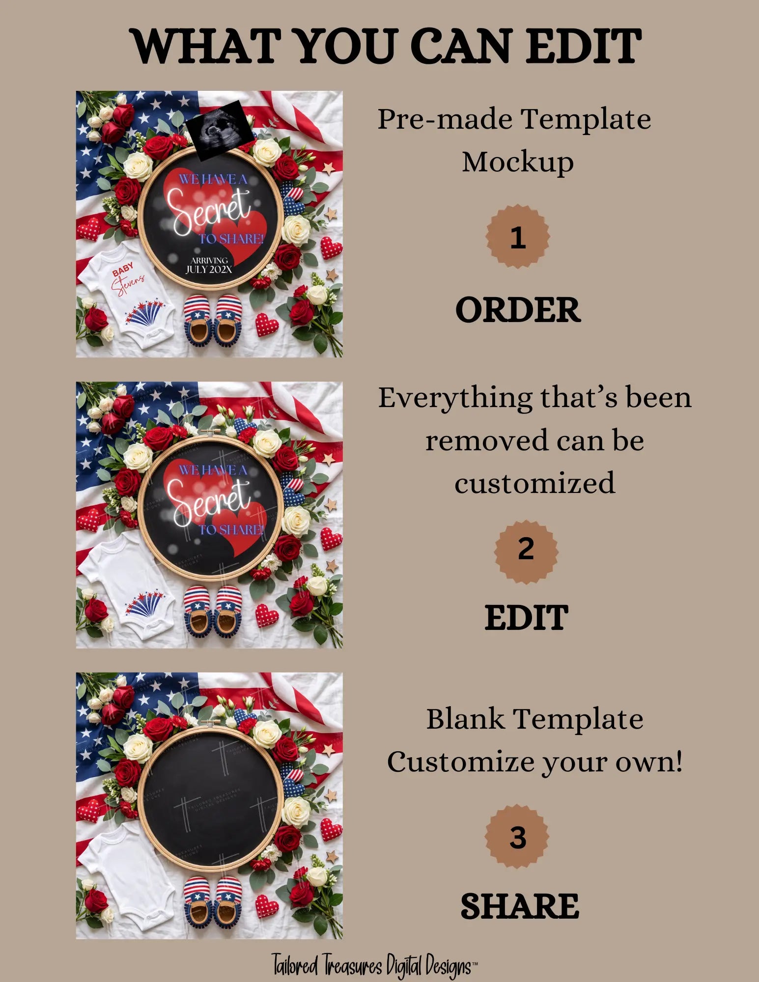 Secret to Share Fourth of July Pregnancy Announcement | Fully Editable Canva Instant Download Template TailoredTreasuresDigitalDesigns™