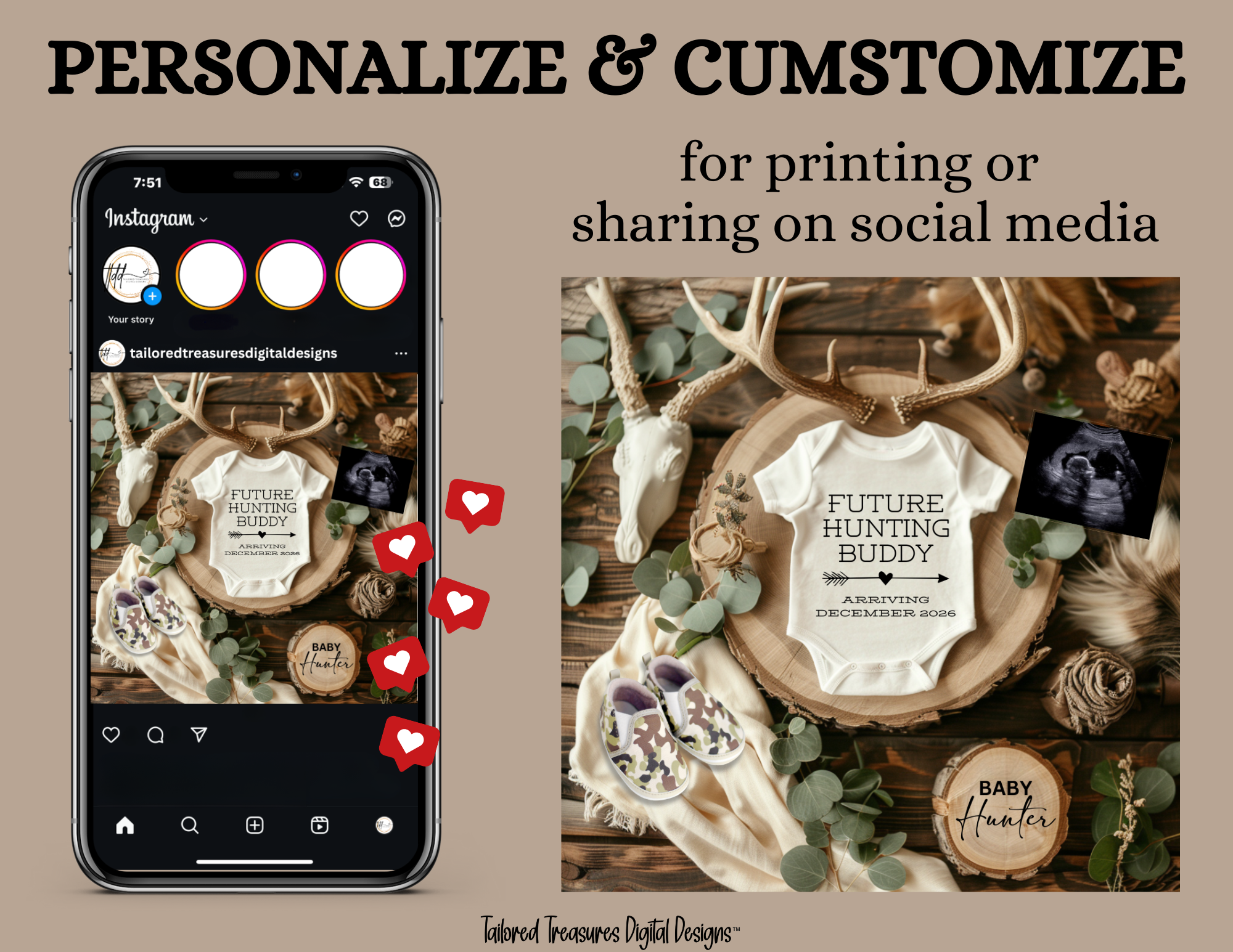 Digital Pregnancy Announcement, Future Hunter, Customizable Hunting Themed, Personalized Editable Template TailoredTreasuresDigitalDesigns™