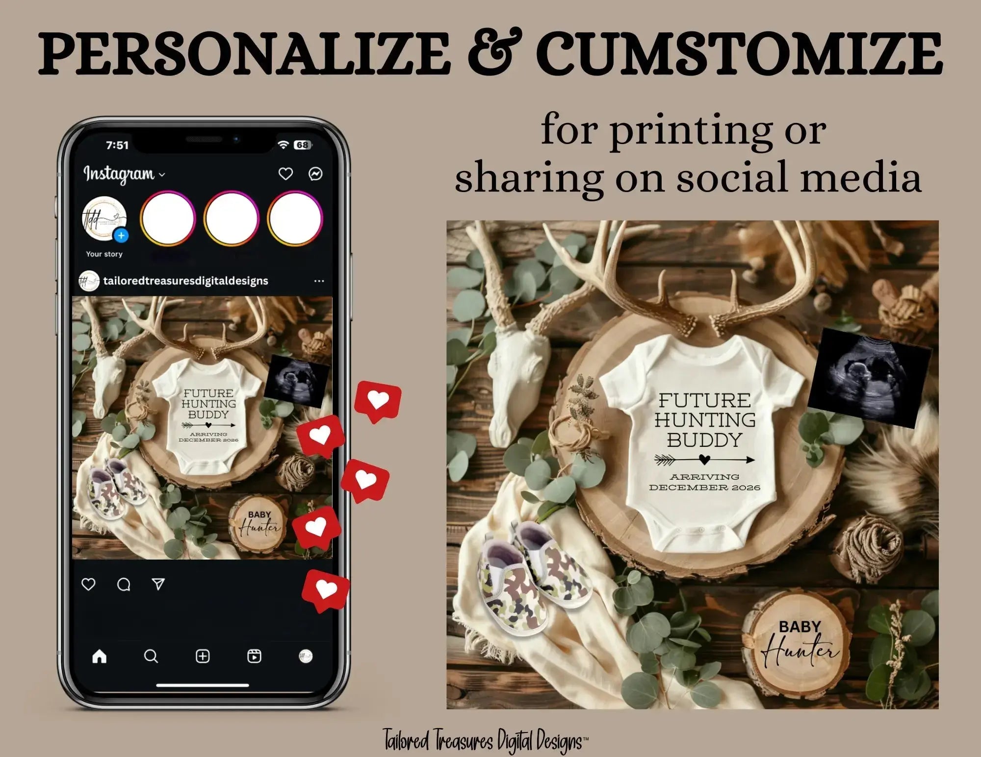 Digital Pregnancy Announcement, Future Hunter, Customizable Hunting Themed, Personalized Editable Template TailoredTreasuresDigitalDesigns™