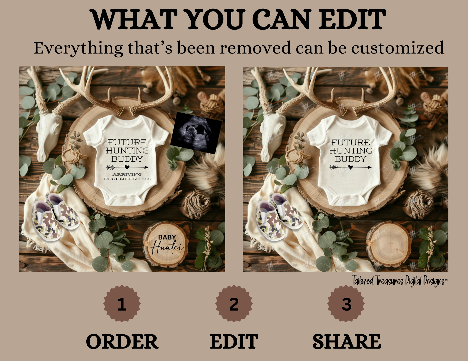 Digital Pregnancy Announcement, Future Hunter, Customizable Hunting Themed, Personalized Editable Template TailoredTreasuresDigitalDesigns™