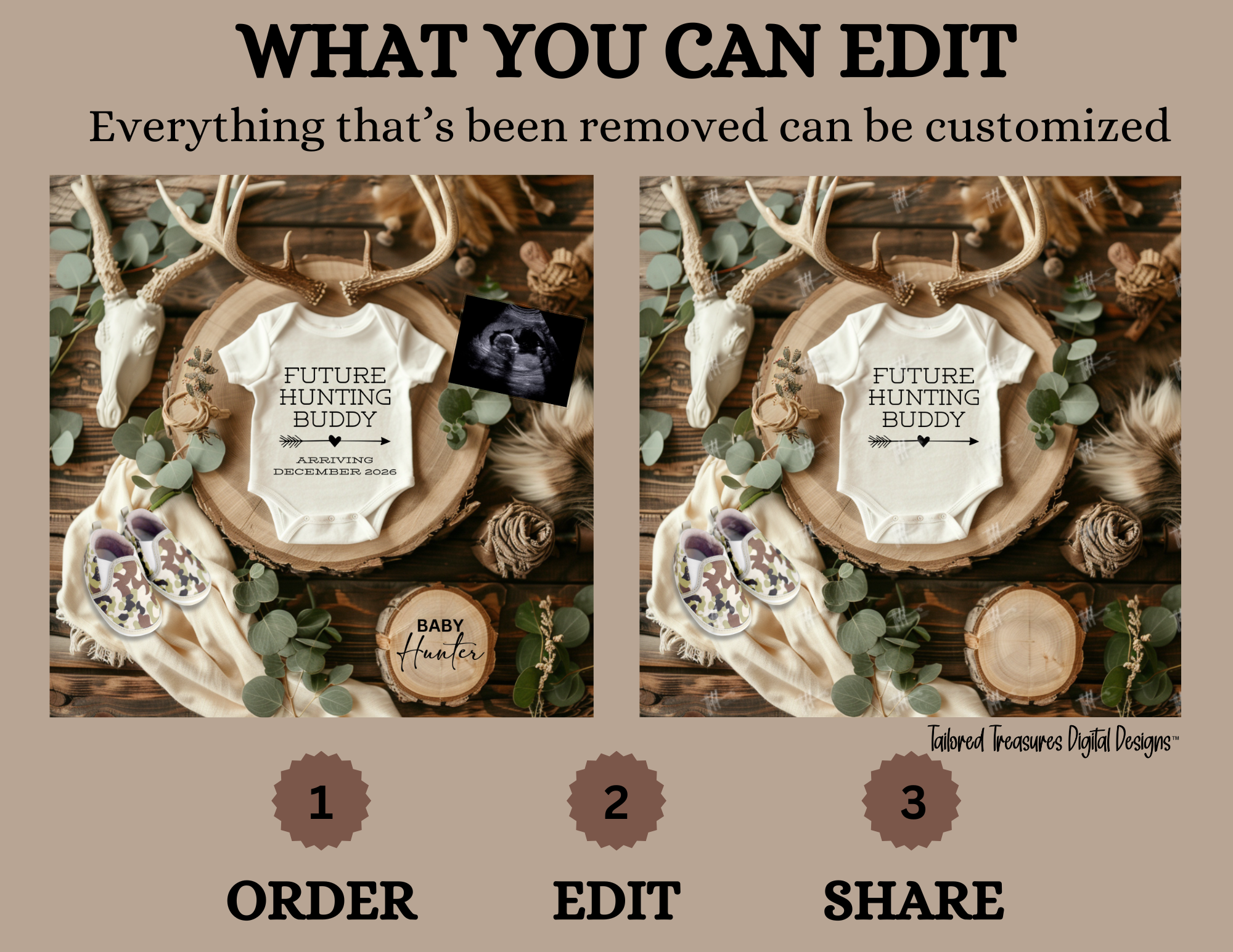 Digital Pregnancy Announcement, Future Hunter, Customizable Hunting Themed, Personalized Editable Template TailoredTreasuresDigitalDesigns™