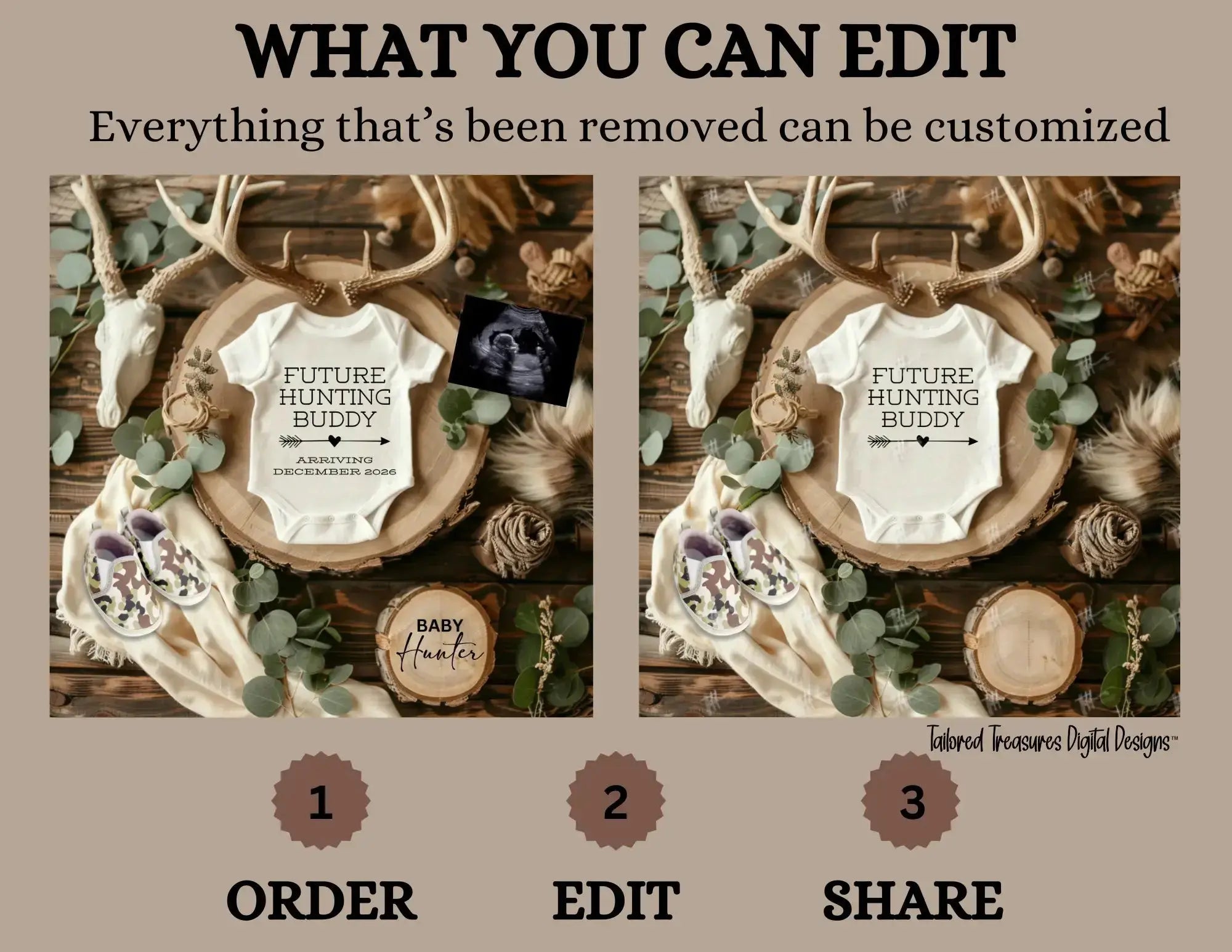 Digital Pregnancy Announcement, Future Hunter, Customizable Hunting Themed, Personalized Editable Template TailoredTreasuresDigitalDesigns™