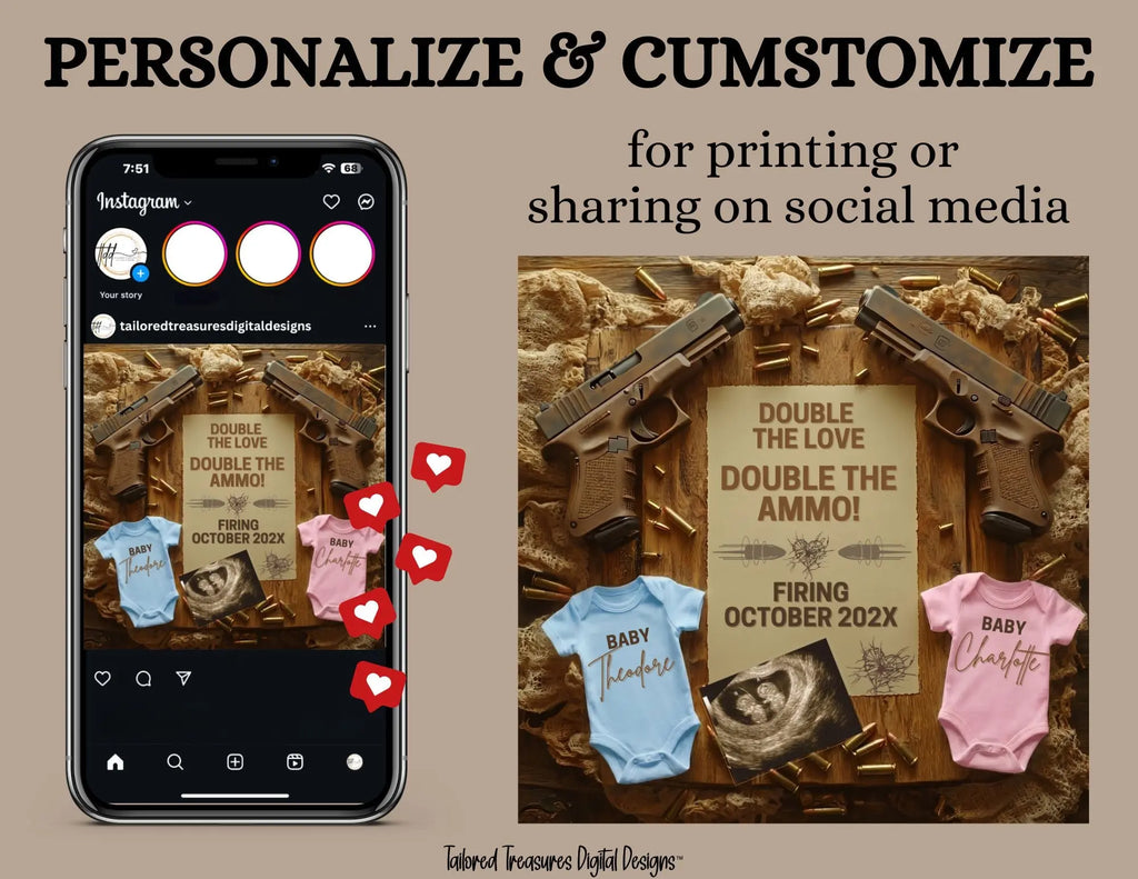 Boy & Girl Gender Reveal Twins Announcement Template | Glock Handgun Baby Reveal – Editable Canva Digital Download TailoredTreasuresDigitalDesigns™