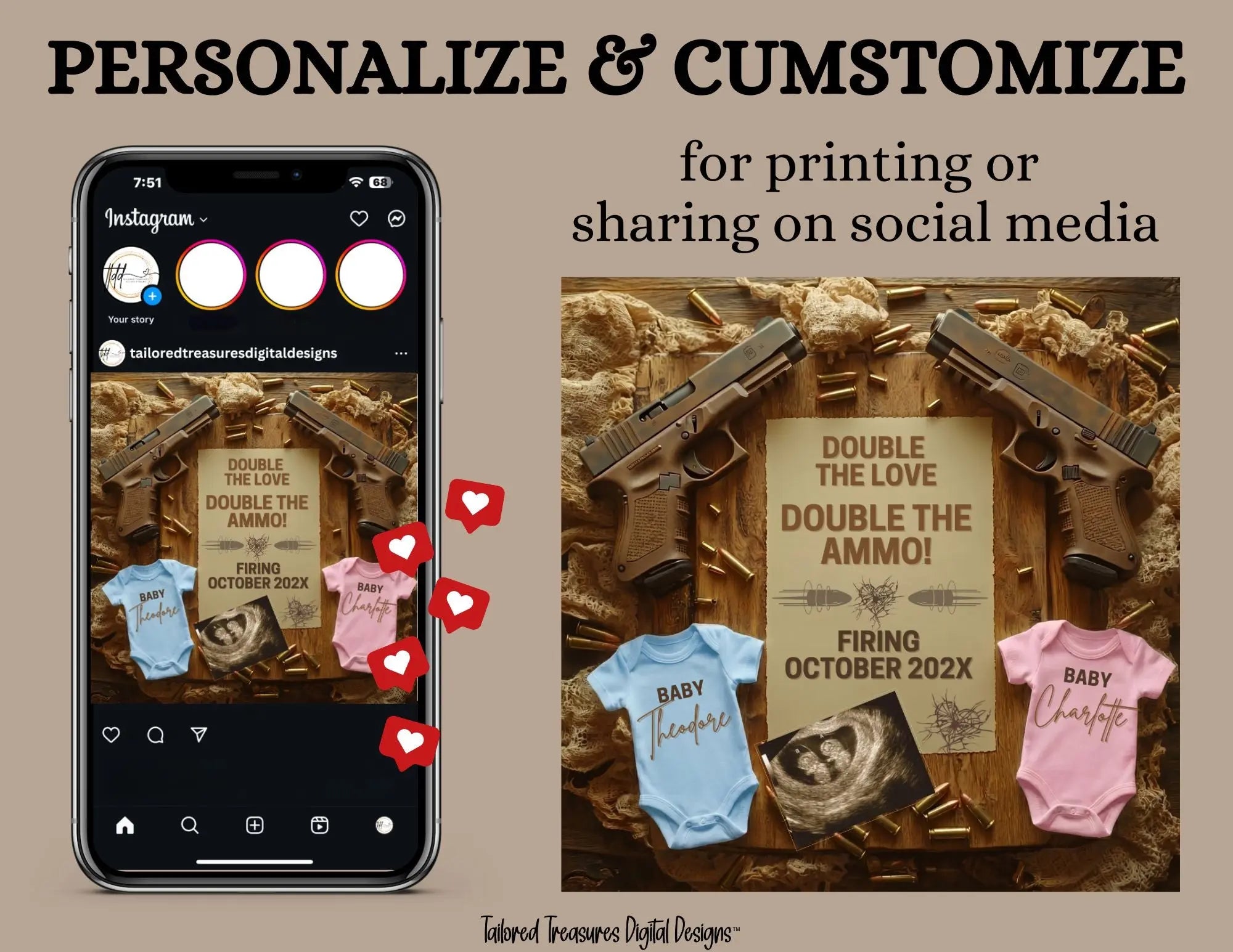Boy & Girl Gender Reveal Twins Announcement Template | Glock Handgun Baby Reveal – Editable Canva Digital Download TailoredTreasuresDigitalDesigns™