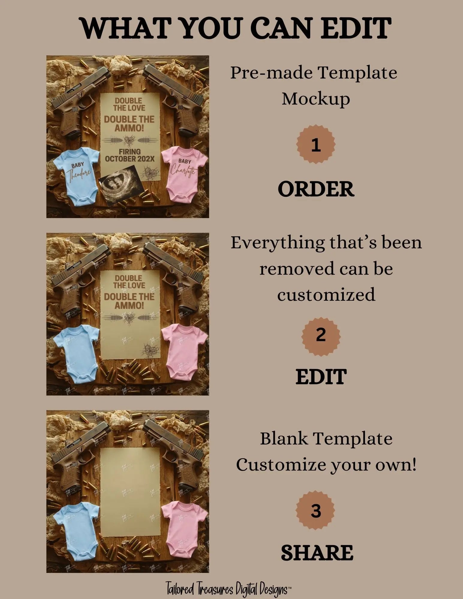 Boy & Girl Gender Reveal Twins Announcement Template | Glock Handgun Baby Reveal – Editable Canva Digital Download TailoredTreasuresDigitalDesigns™