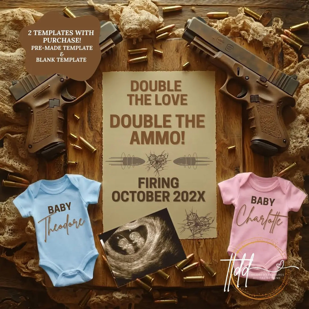 Boy & Girl Gender Reveal Twins Announcement Template | Glock Handgun Baby Reveal – Editable Canva Digital Download TailoredTreasuresDigitalDesigns™