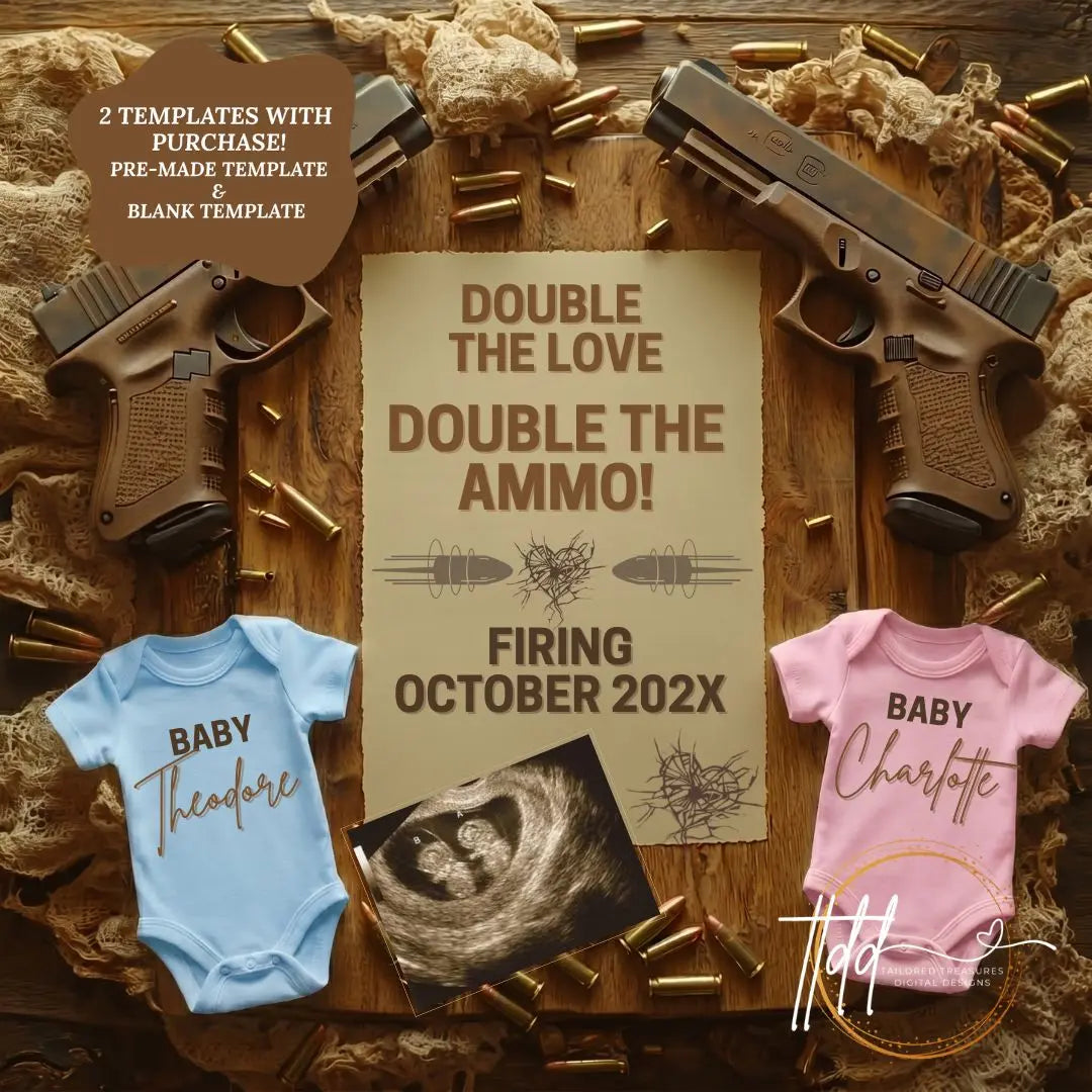 Boy & Girl Gender Reveal Twins Announcement Template | Glock Handgun Baby Reveal – Editable Canva Digital Download TailoredTreasuresDigitalDesigns™