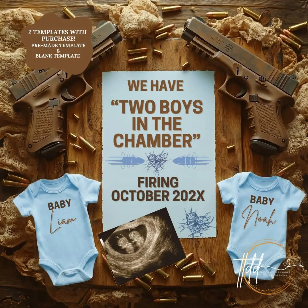 Boy Gender Reveal Twins Announcement Template | Glock Handgun Baby Reveal – Editable Canva Digital Download TailoredTreasuresDigitalDesigns™