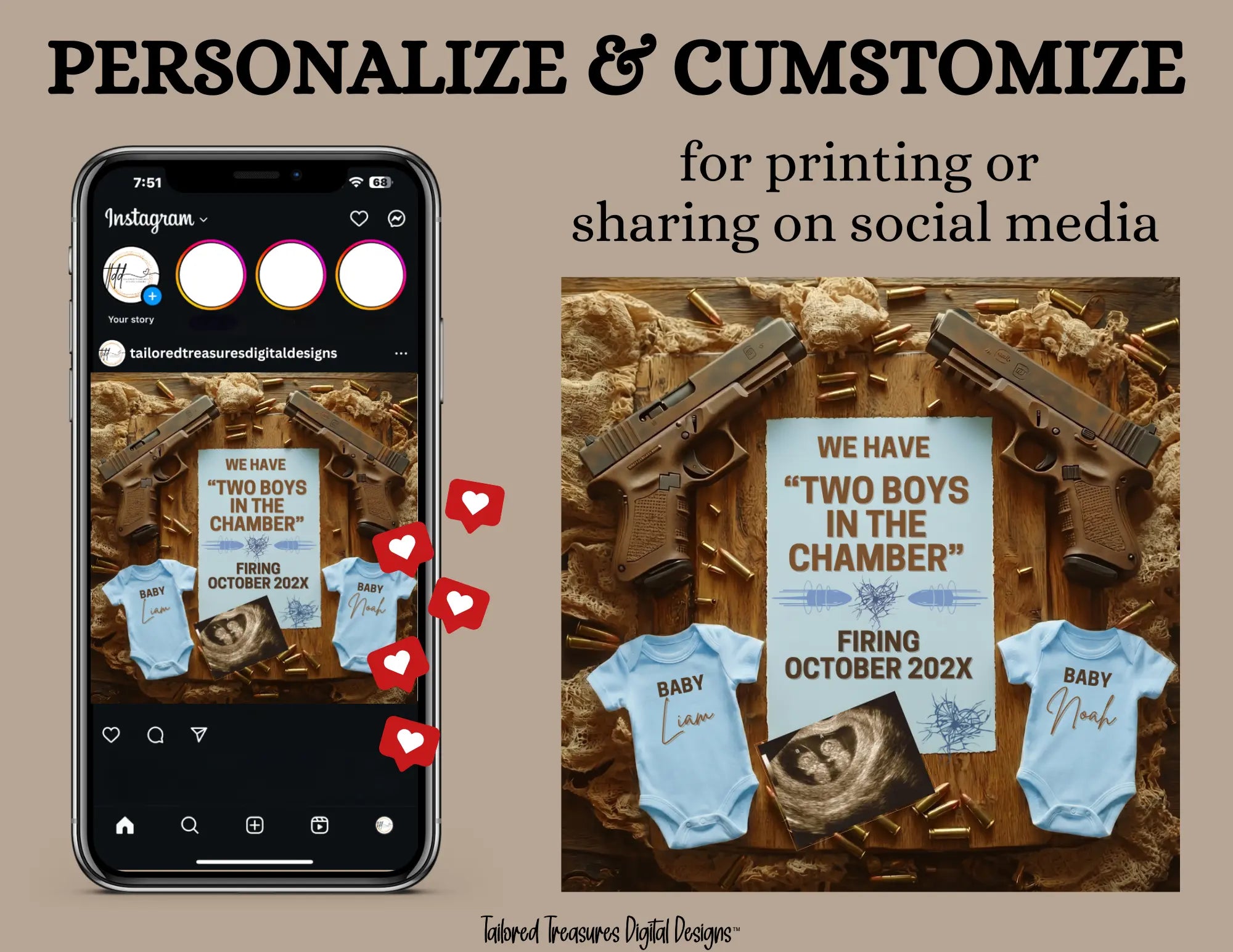 Boy Gender Reveal Twins Announcement Template | Glock Handgun Baby Reveal – Editable Canva Digital Download TailoredTreasuresDigitalDesigns™