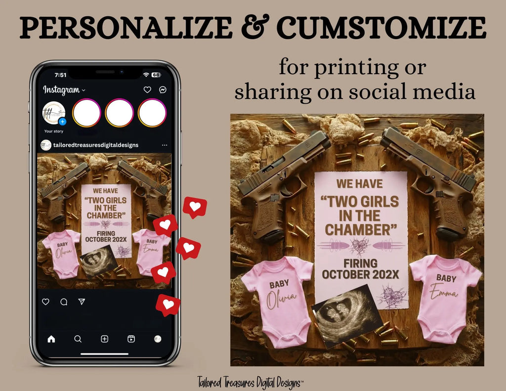 Girl Gender Reveal Twins Announcement Template | Glock Handgun Baby Reveal – Editable Canva Digital Download TailoredTreasuresDigitalDesigns™