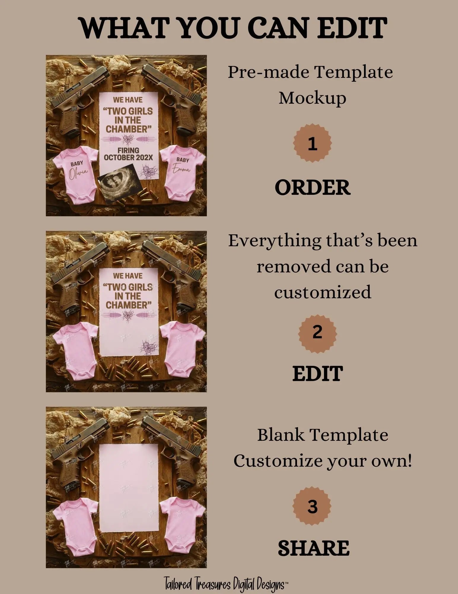 Girl Gender Reveal Twins Announcement Template | Glock Handgun Baby Reveal – Editable Canva Digital Download TailoredTreasuresDigitalDesigns™
