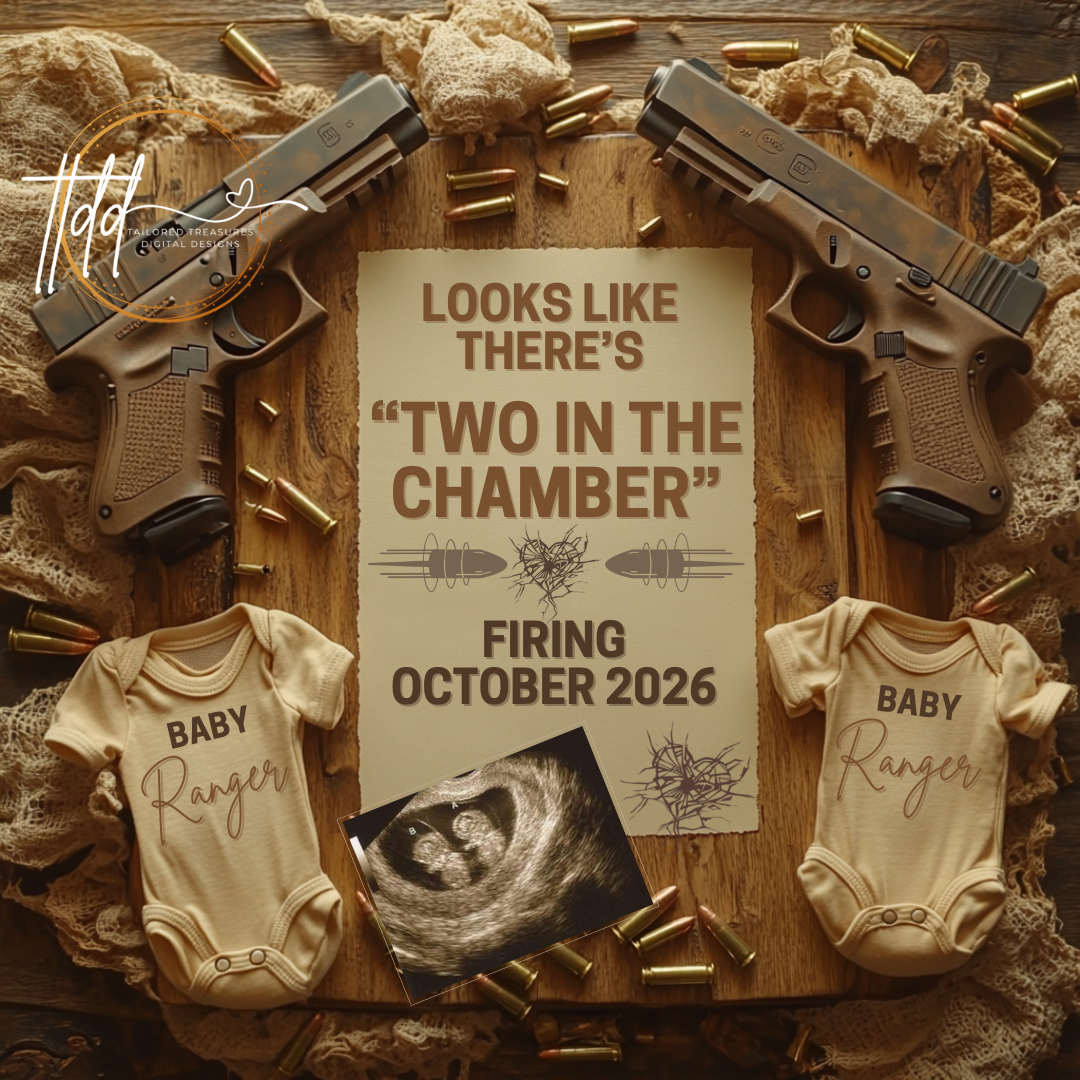 Digital Pregnancy Announcement, Two in the Chamber, Customizable Twins Glock Themed, Personalized Editable Template TailoredTreasuresDigitalDesigns™