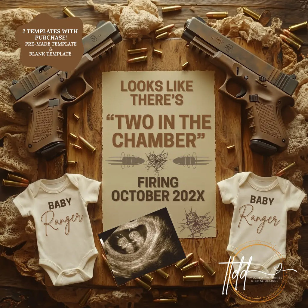 Digital Pregnancy Announcement, Two in the Chamber, Customizable Twins Glock Themed, Personalized Editable Template TailoredTreasuresDigitalDesigns™