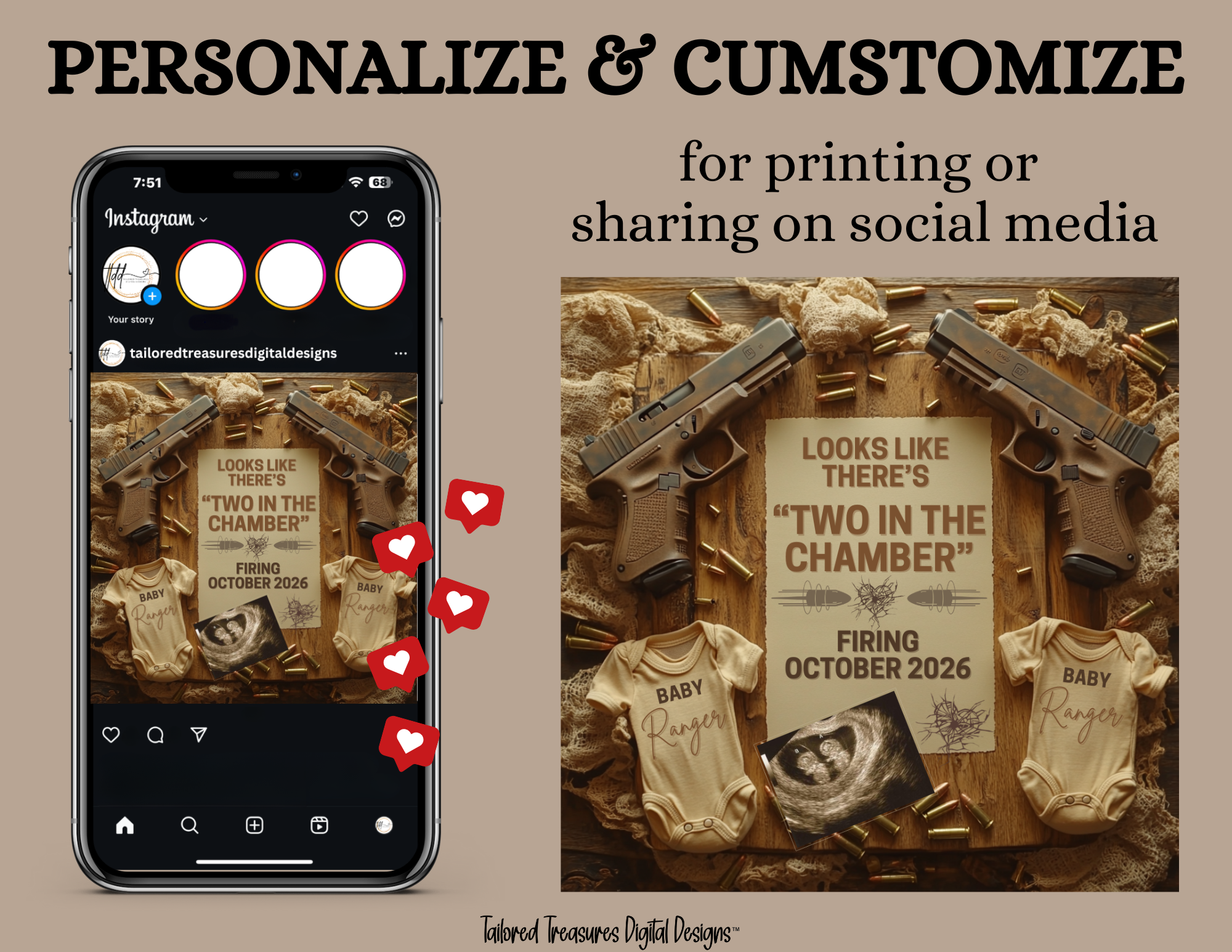 Digital Pregnancy Announcement, Two in the Chamber, Customizable Twins Glock Themed, Personalized Editable Template TailoredTreasuresDigitalDesigns™