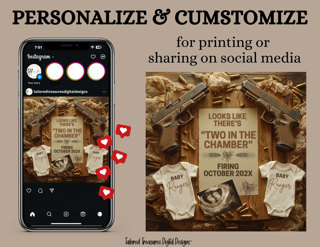 Digital Pregnancy Announcement, Two in the Chamber, Customizable Twins Glock Themed, Personalized Editable Template TailoredTreasuresDigitalDesigns™