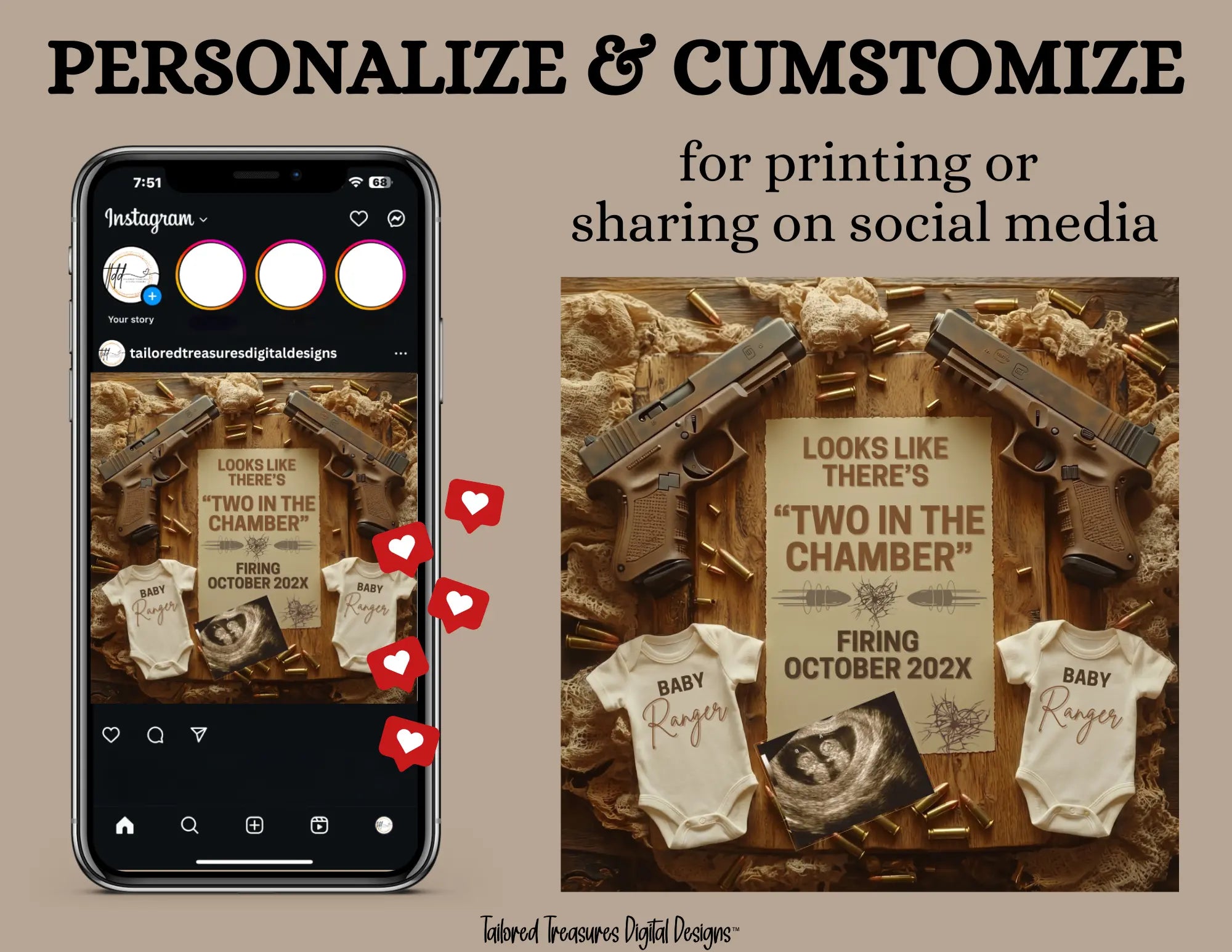 Digital Pregnancy Announcement, Two in the Chamber, Customizable Twins Glock Themed, Personalized Editable Template TailoredTreasuresDigitalDesigns™