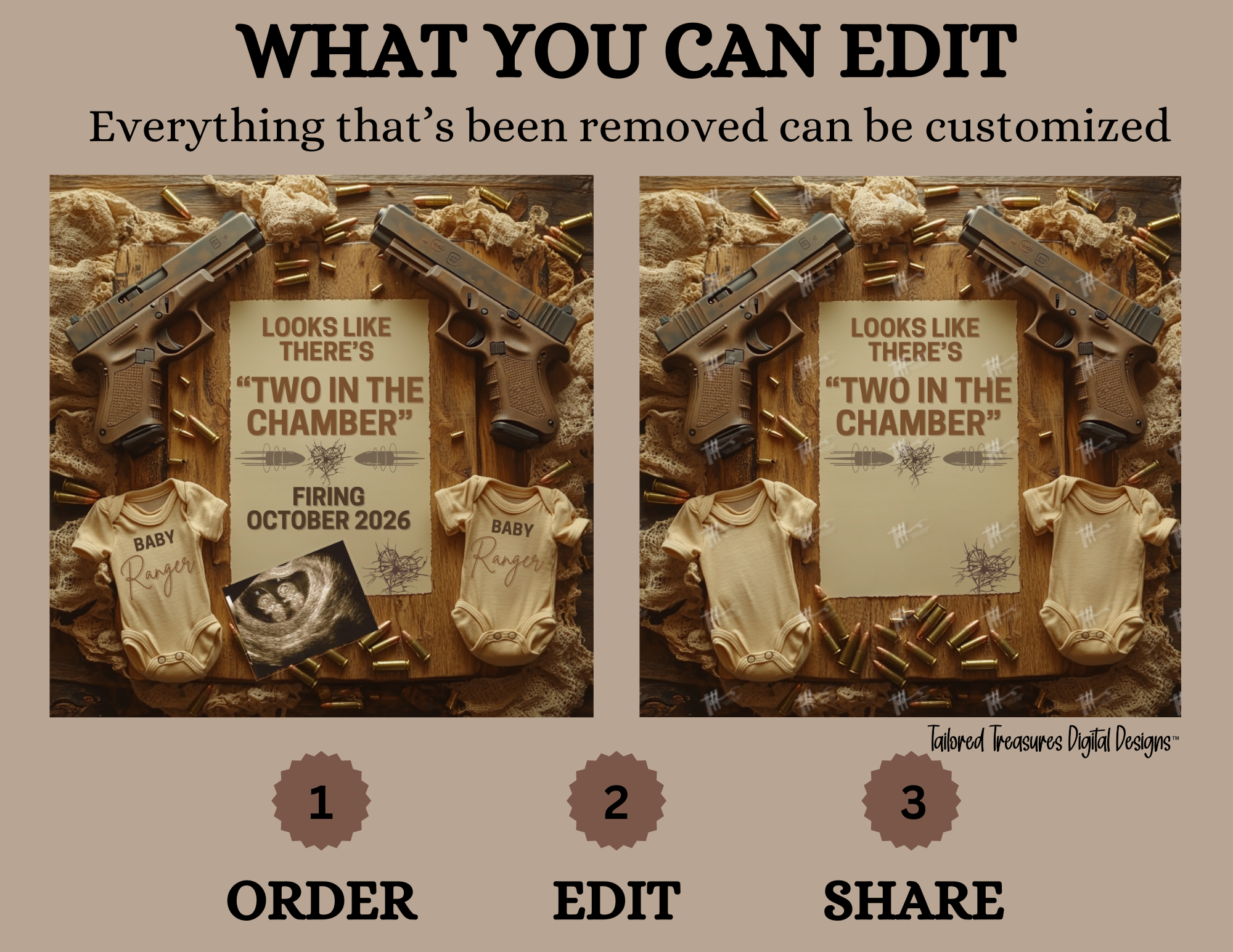 Digital Pregnancy Announcement, Two in the Chamber, Customizable Twins Glock Themed, Personalized Editable Template TailoredTreasuresDigitalDesigns™