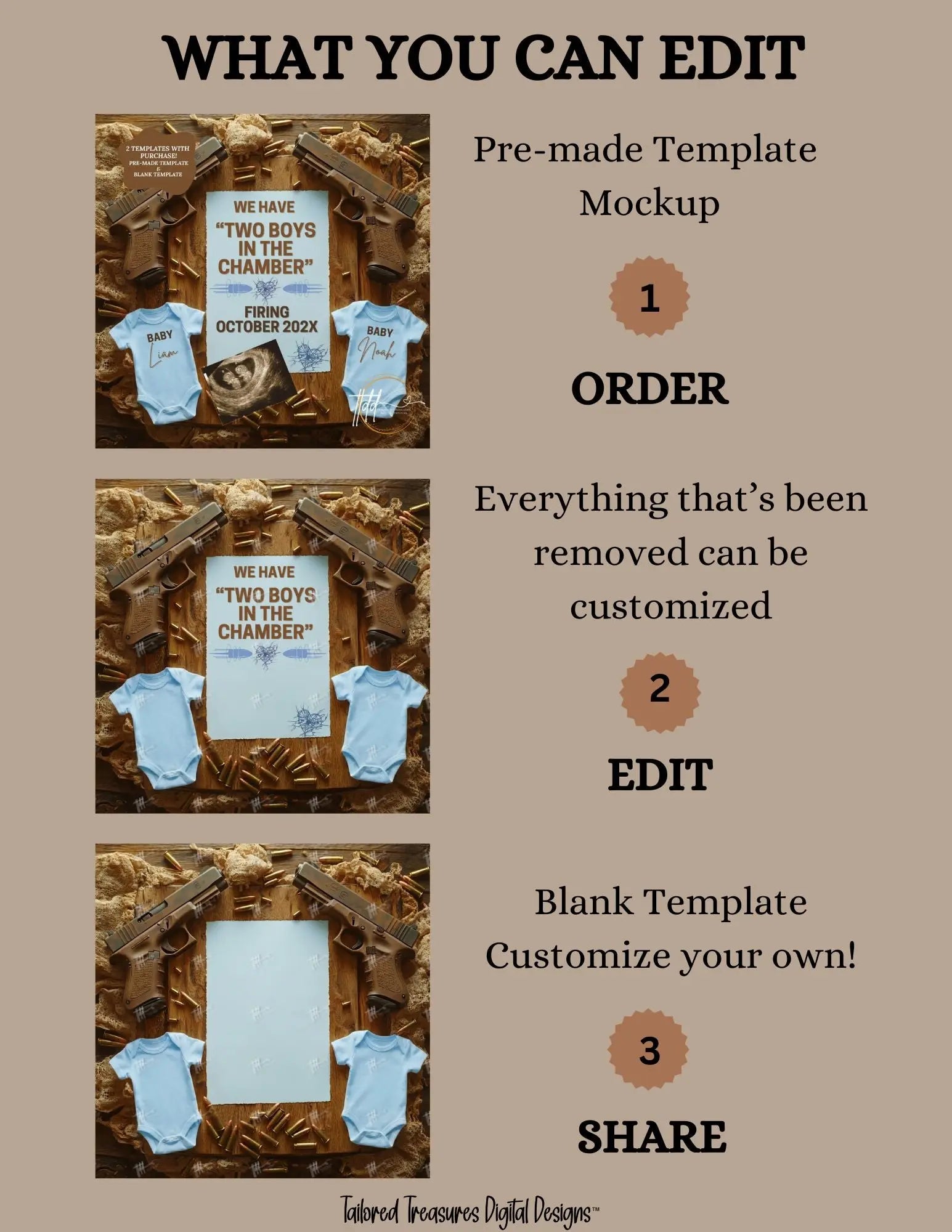 Boy Gender Reveal Twins Announcement Template | Glock Handgun Baby Reveal – Editable Canva Digital Download TailoredTreasuresDigitalDesigns™