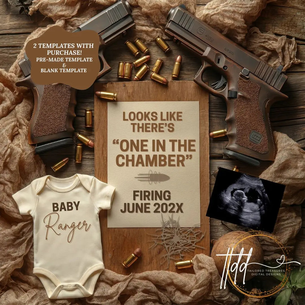 One in the Chamber – Glock Pregnancy Announcement | One of A Kind | Fully Editable Canva Templates TailoredTreasuresDigitalDesigns™