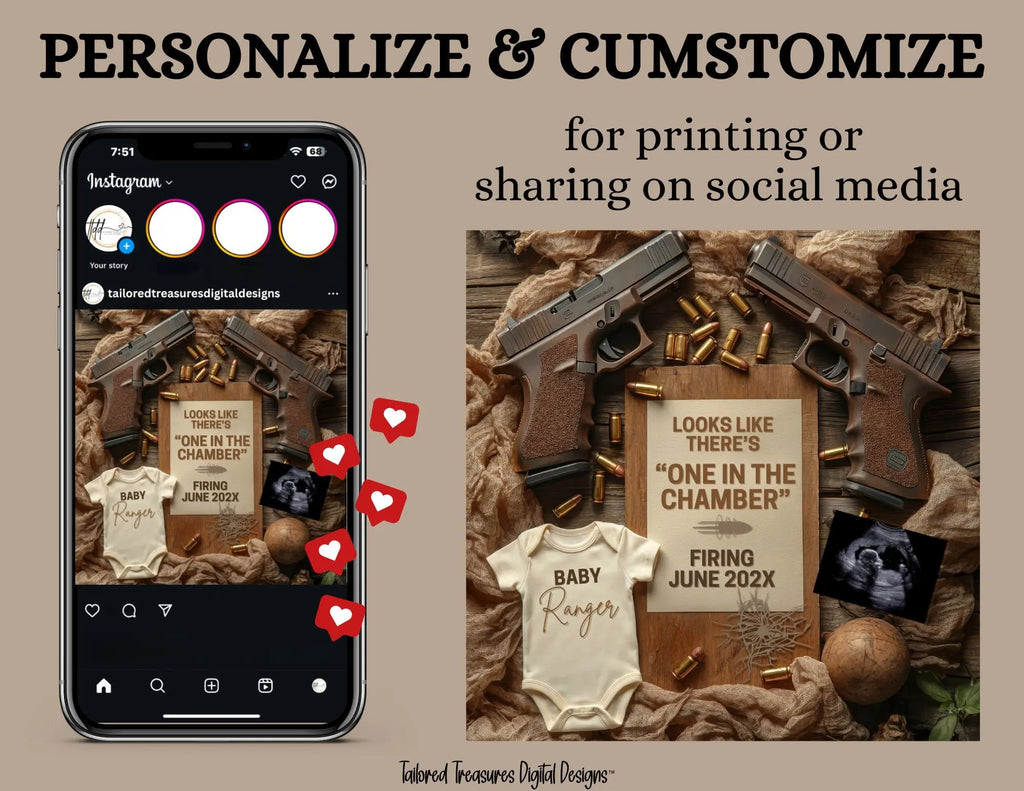 One in the Chamber – Glock Pregnancy Announcement | One of A Kind | Fully Editable Canva Templates TailoredTreasuresDigitalDesigns™
