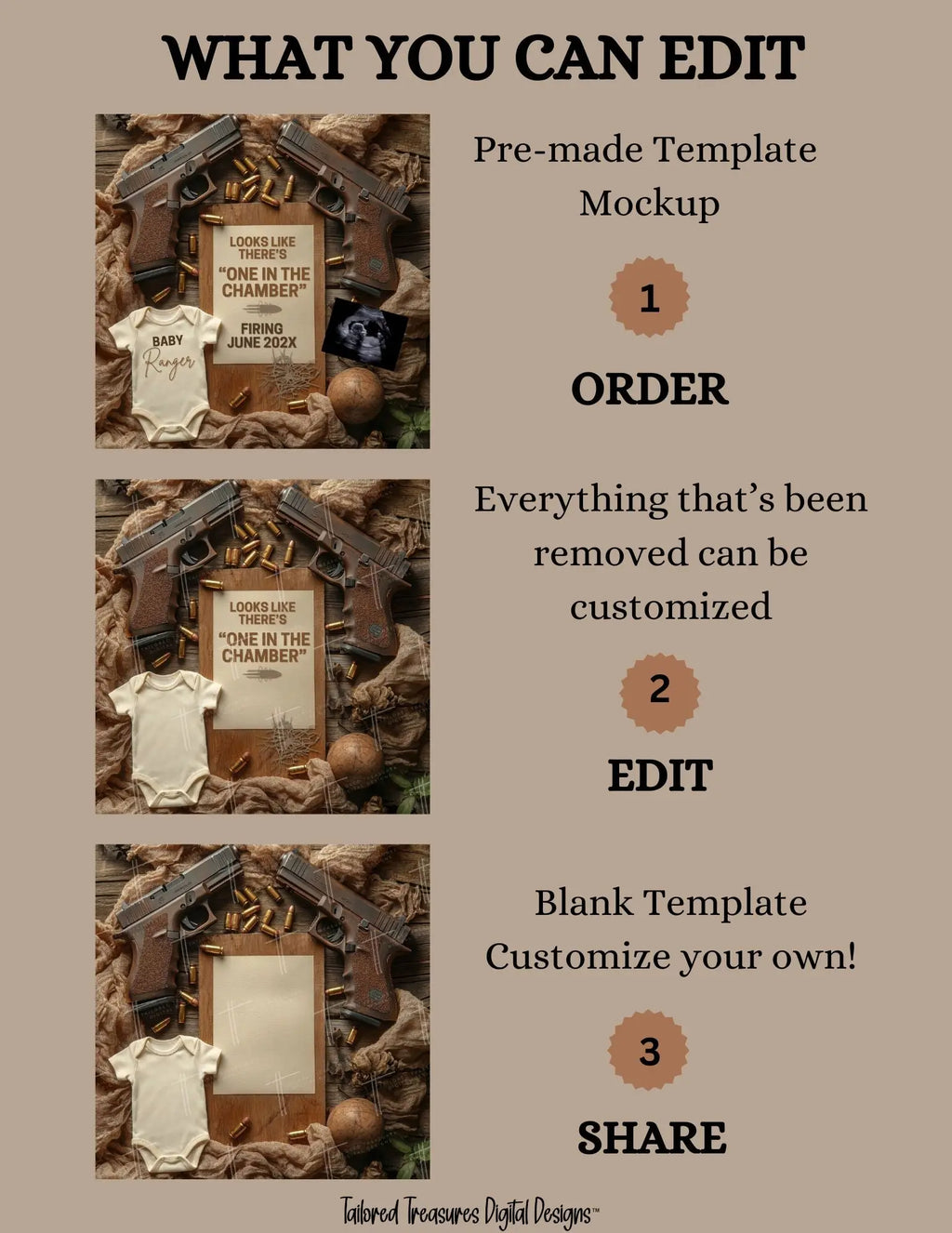 One in the Chamber – Glock Pregnancy Announcement | One of A Kind | Fully Editable Canva Templates TailoredTreasuresDigitalDesigns™