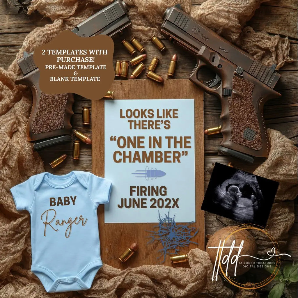 One in the Chamber Boy Pregnancy Announcement – Glock Gun Canva Template | Instant Digital Download TailoredTreasuresDigitalDesigns™