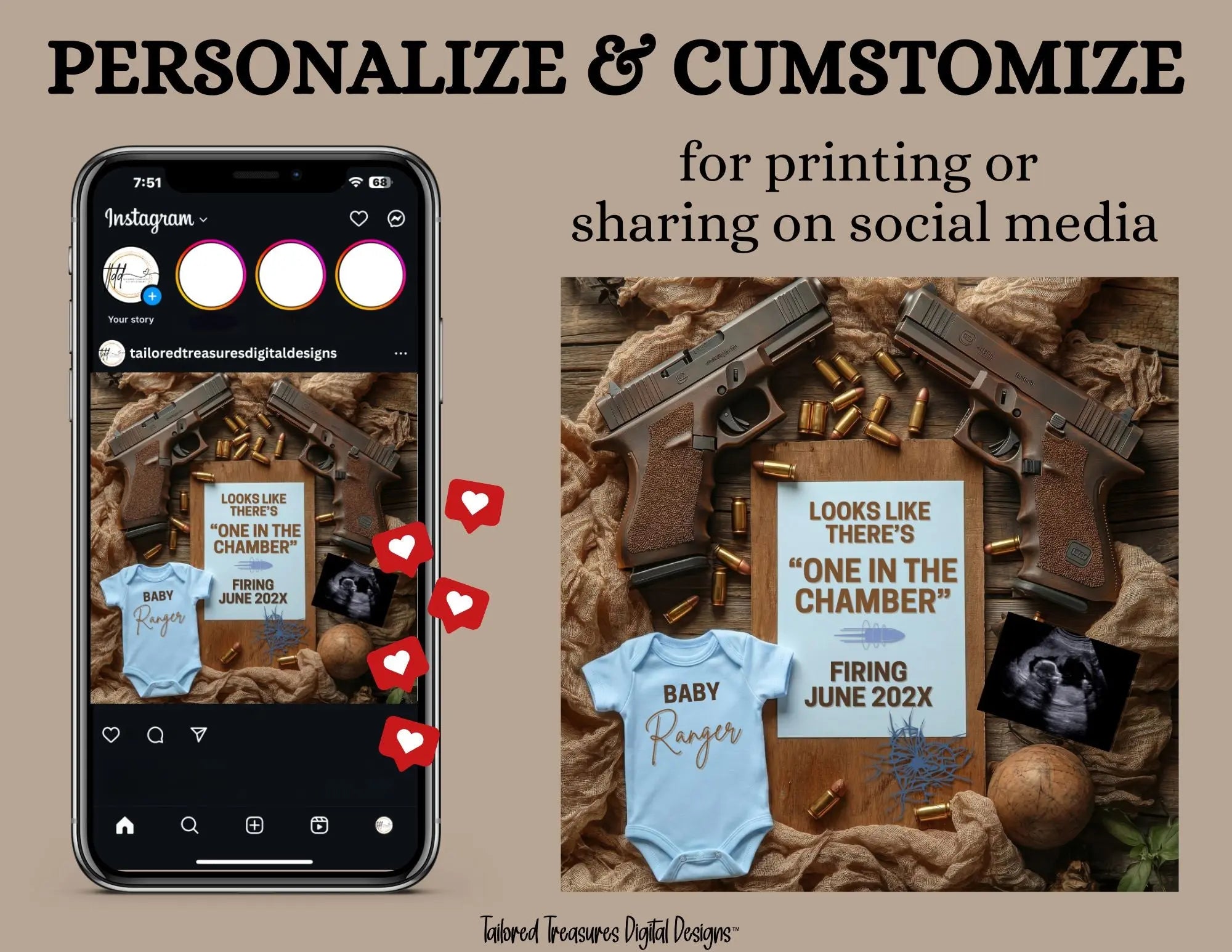 One in the Chamber Boy Pregnancy Announcement – Glock Gun Canva Template | Instant Digital Download TailoredTreasuresDigitalDesigns™