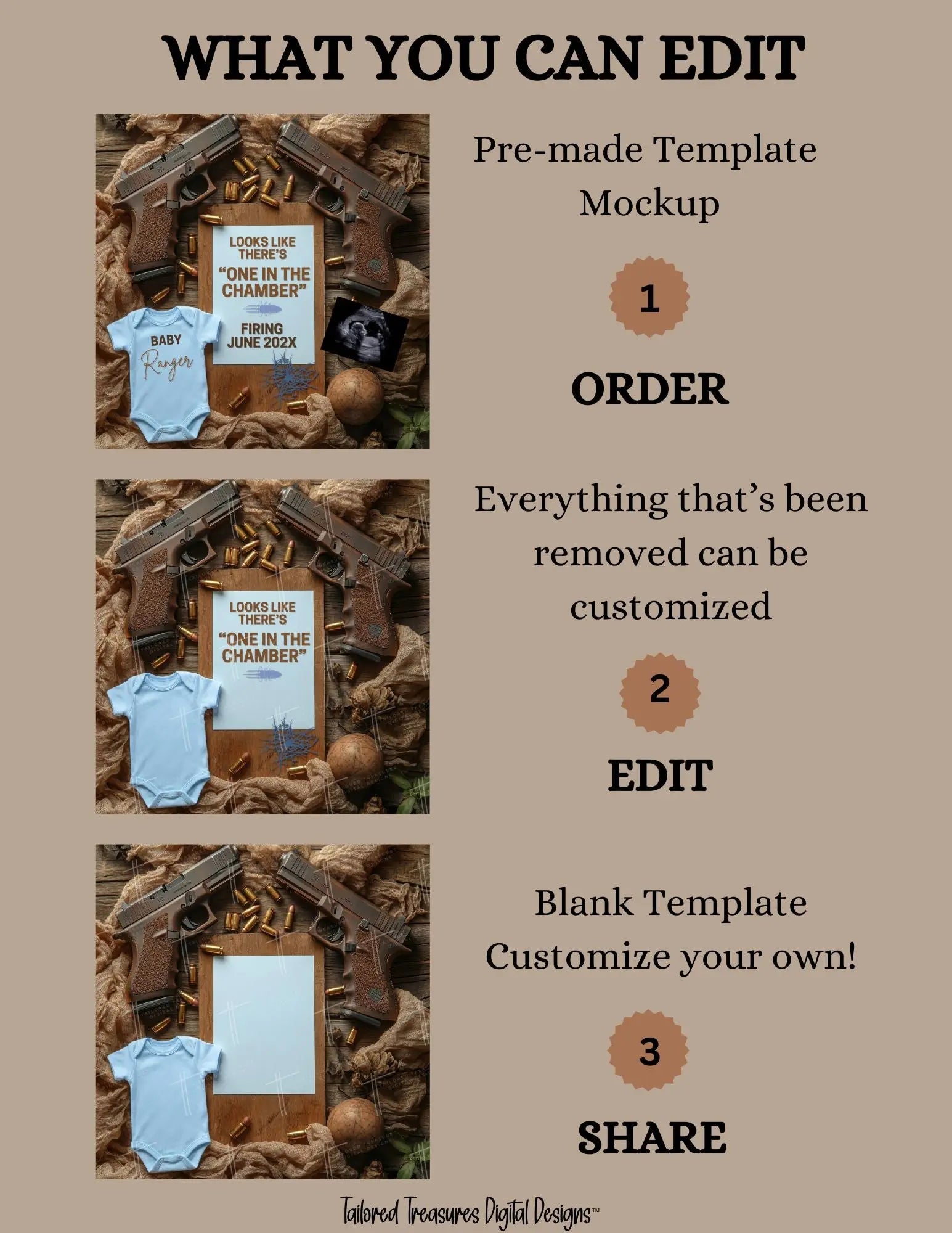 One in the Chamber Boy Pregnancy Announcement – Glock Gun Canva Template | Instant Digital Download TailoredTreasuresDigitalDesigns™