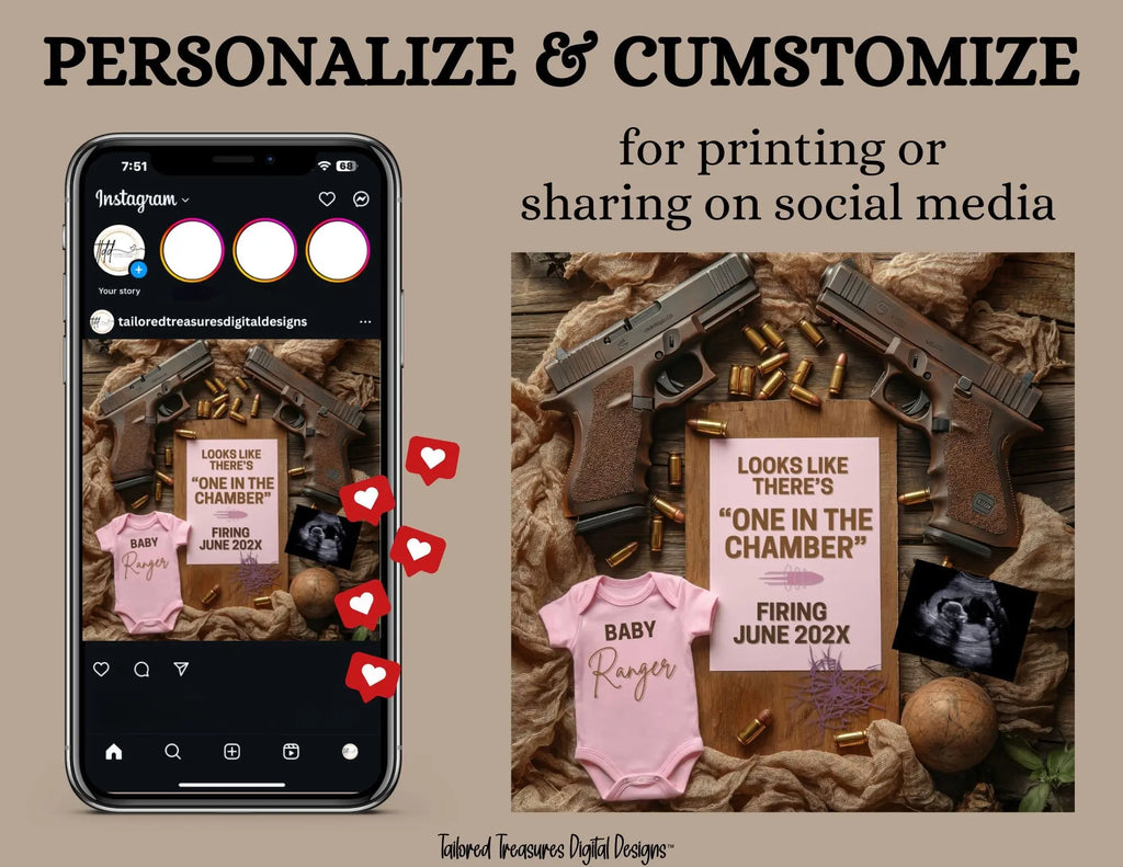 One in the Chamber Girl Glock Pregnancy Announcement – Fully Editable Canva Template TailoredTreasuresDigitalDesigns™