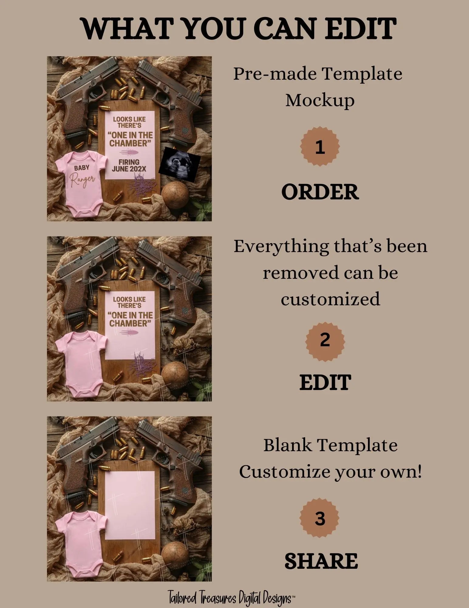 One in the Chamber Girl Glock Pregnancy Announcement – Fully Editable Canva Template TailoredTreasuresDigitalDesigns™