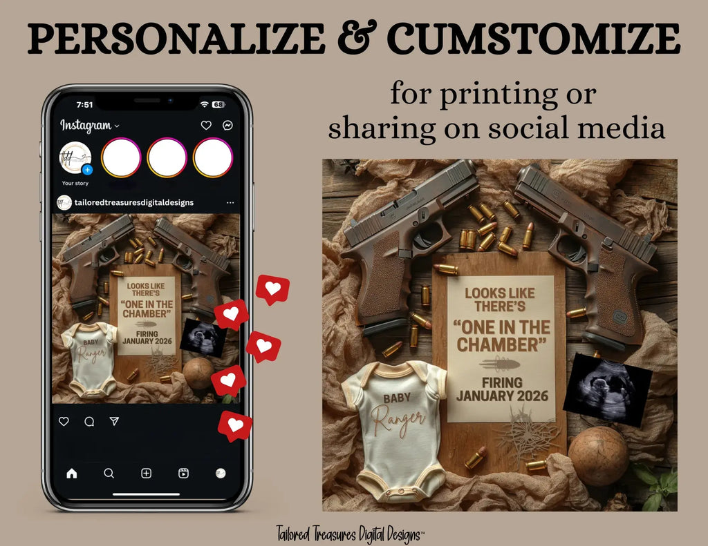 Digital Pregnancy Announcement, One in the Chamber, Customizable Glock Themed, Personalized Editable Template TailoredTreasuresDigitalDesigns™