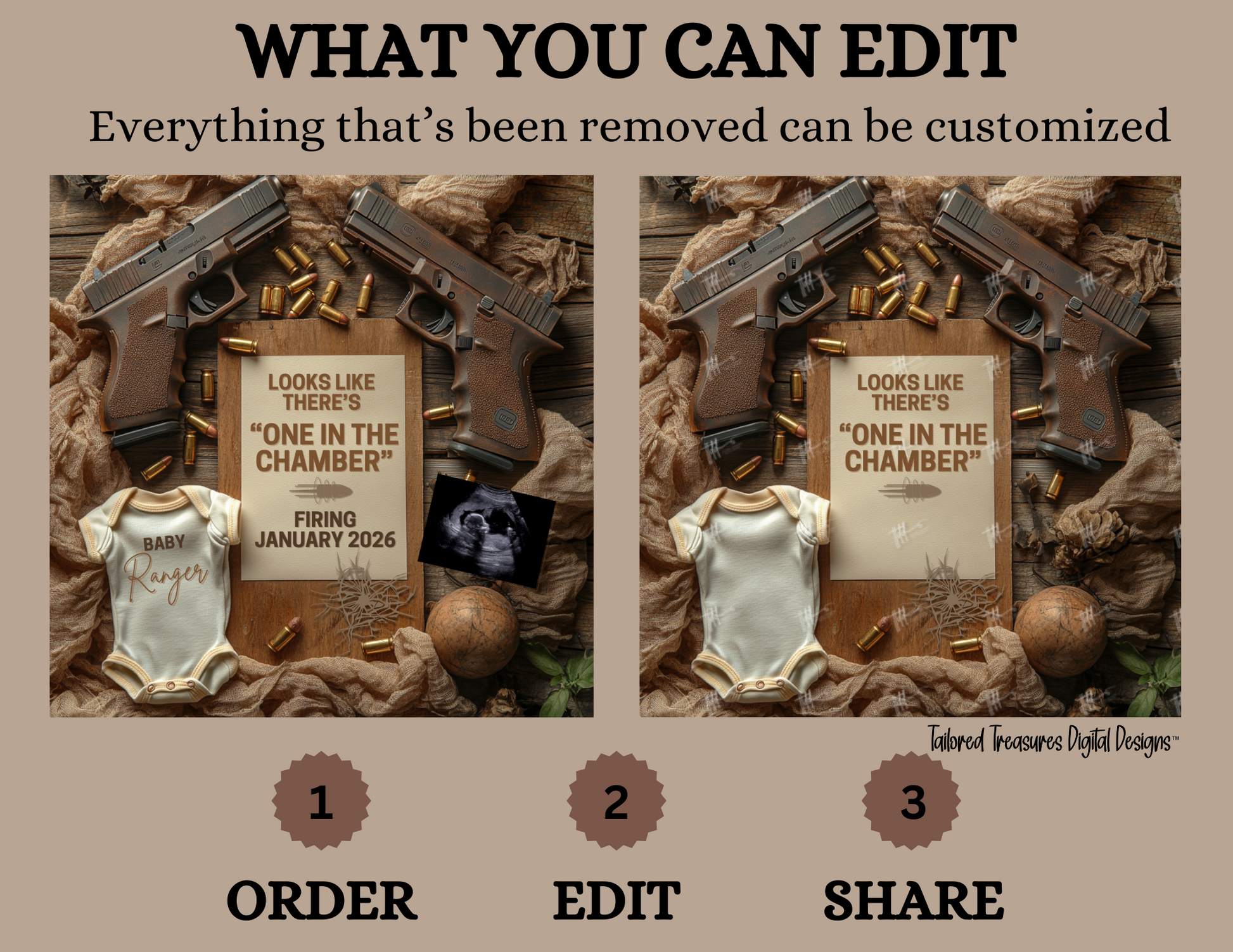 Digital Pregnancy Announcement, One in the Chamber, Customizable Glock Themed, Personalized Editable Template TailoredTreasuresDigitalDesigns™