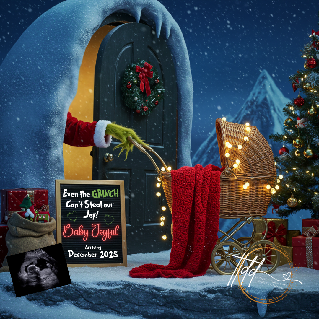 Digital Christmas Pregnancy Announcement, Can't Steal Out Joy, Customizable Grinch Themed, Personalized Editable Template TailoredTreasuresDigitalDesigns™